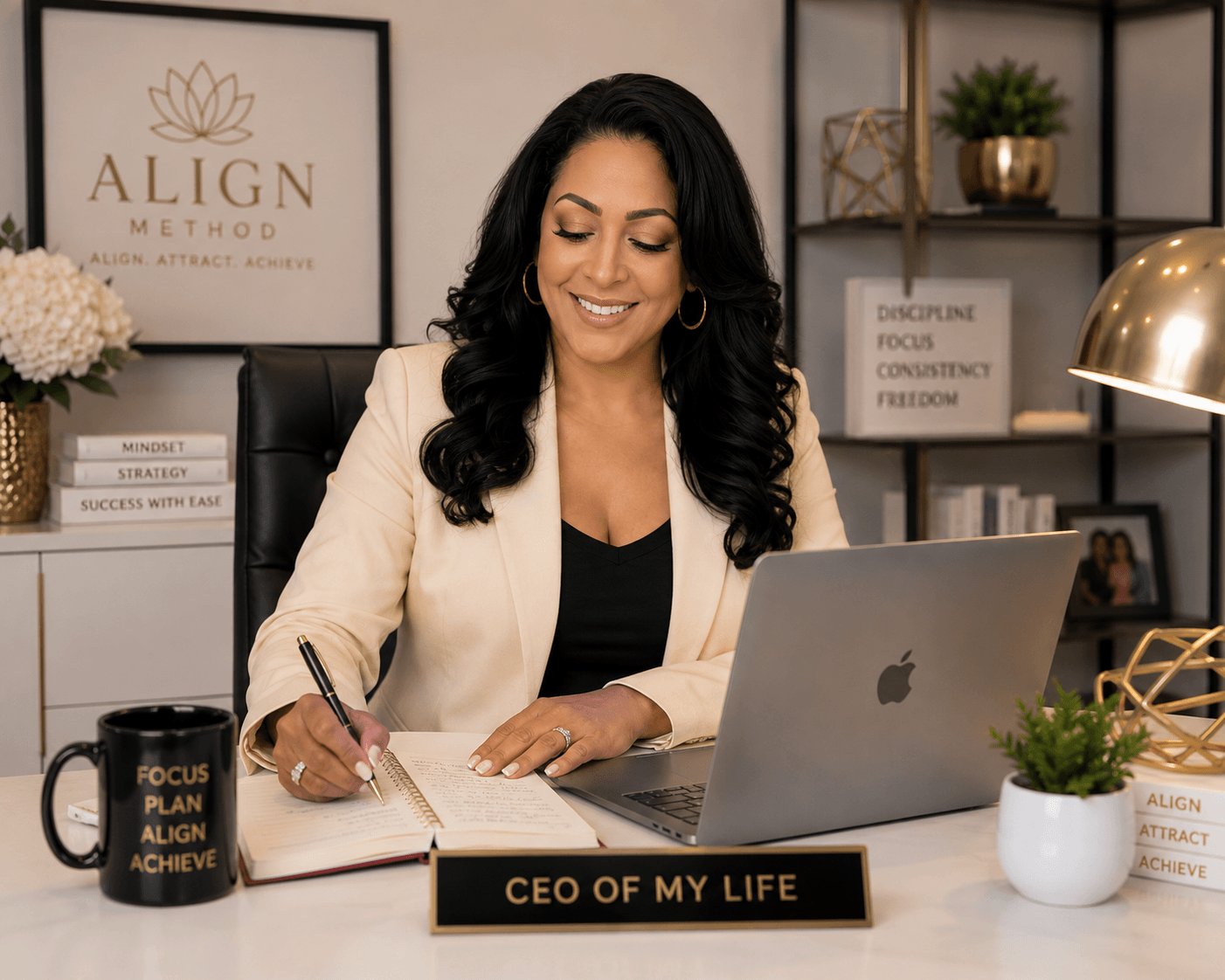 Woman with dark hair smiling at desk with laptop, notebook, and plant, in an office with shelves and framed art.