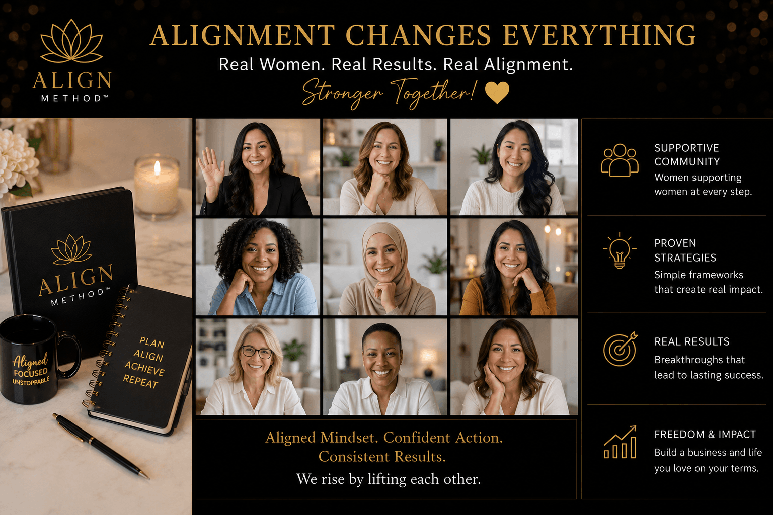 Poster with nine women smiling, text about alignment benefits, and icons for support, strategies, results, and impact.
