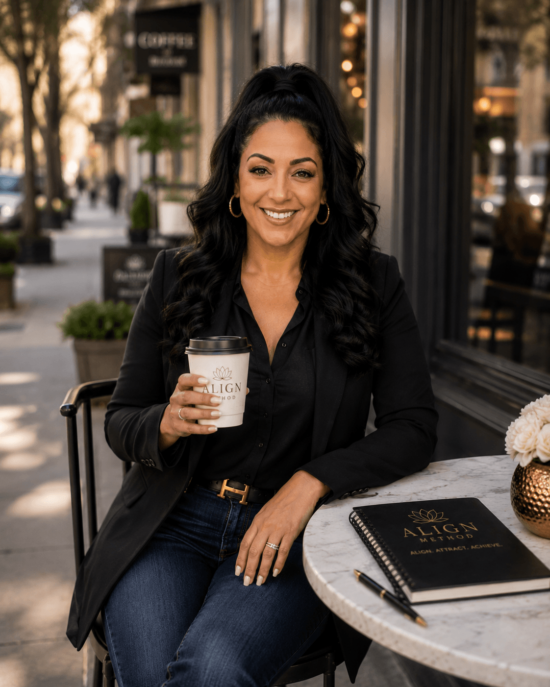 Woman with long dark hair smiling, holding a coffee cup, sitting at a table outside a cafe, with a notebook and pen.