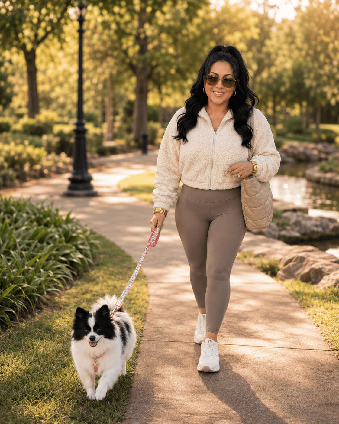 Woman walking a dog on a park path, wearing sunglasses, a beige jacket, and gray leggings, with trees and a pond in background.