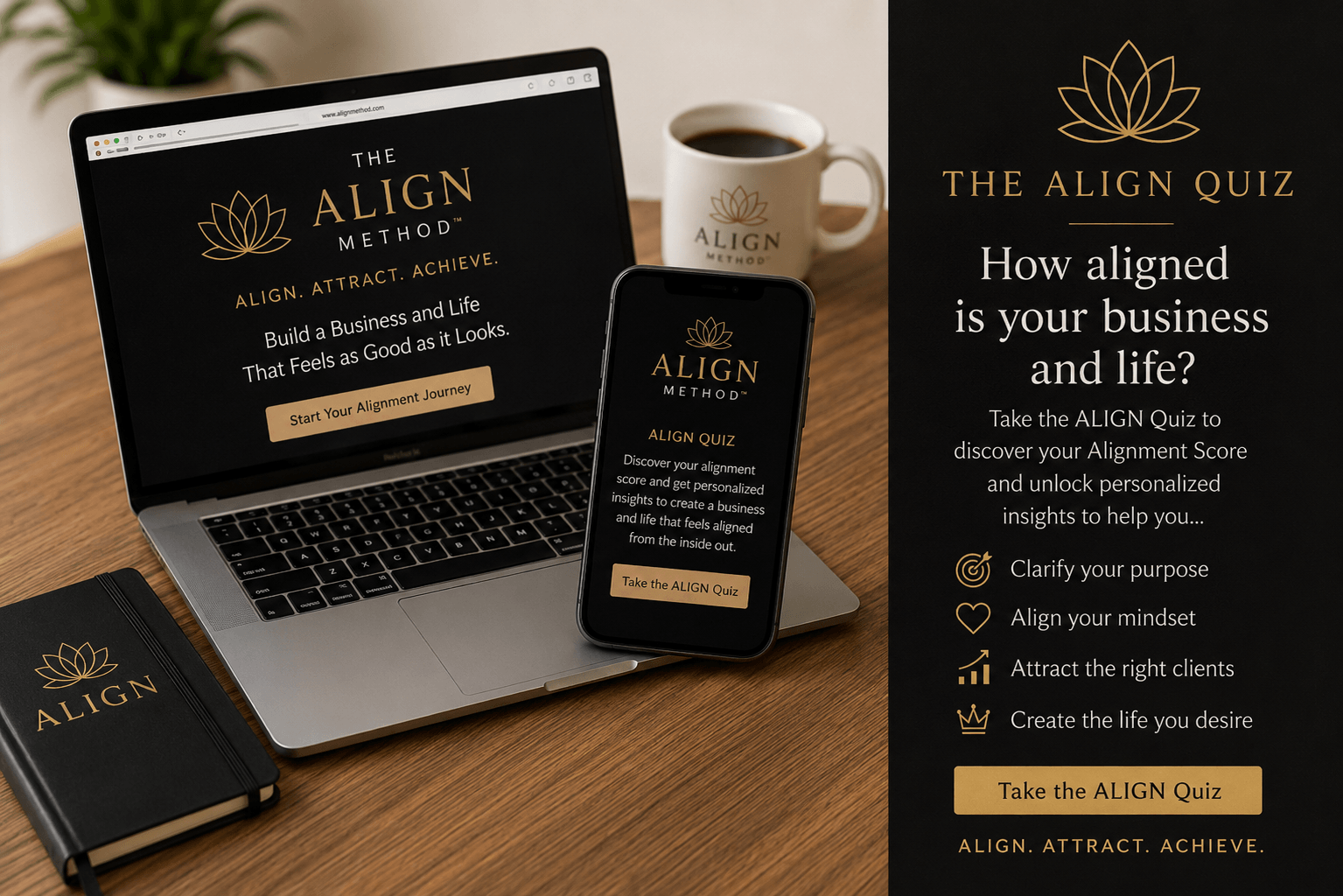 Open laptop, smartphone, and tablet displaying 'The Align Method' website on a wooden table, with a coffee mug nearby.
