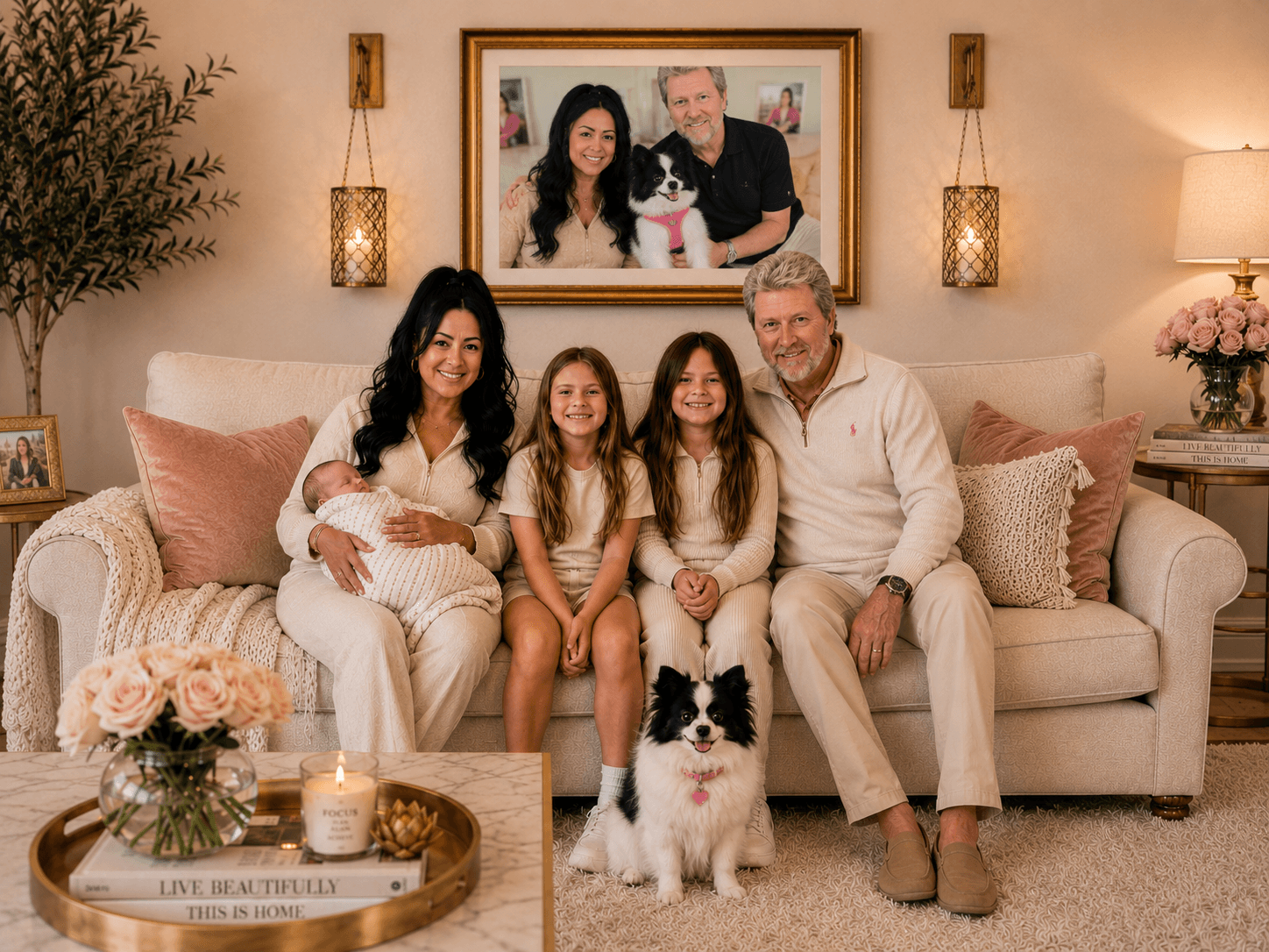 Family of five with two children and two adults sitting on a sofa, with a dog in front, in a living room.