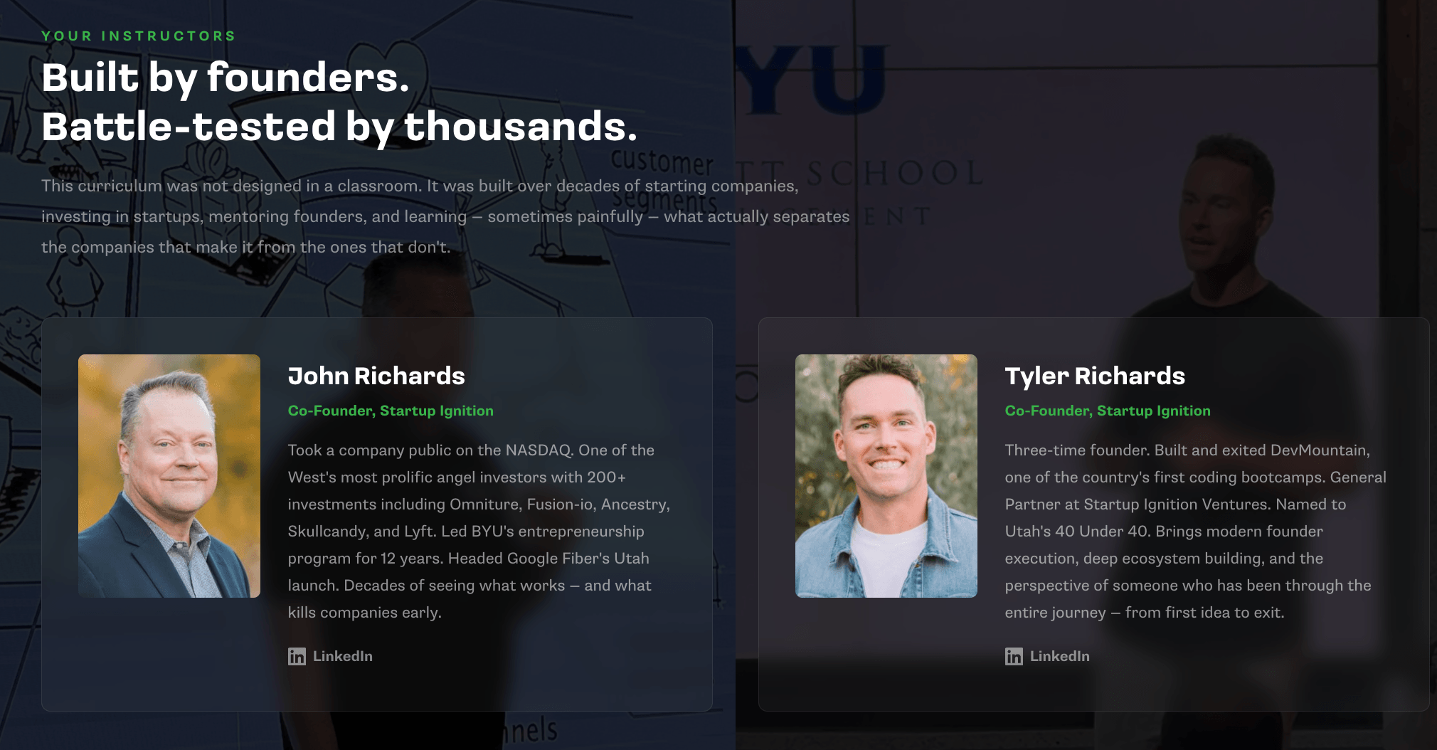 Two profile cards with photos and names, featuring John Richards and Tyler Richards, against a dark background.