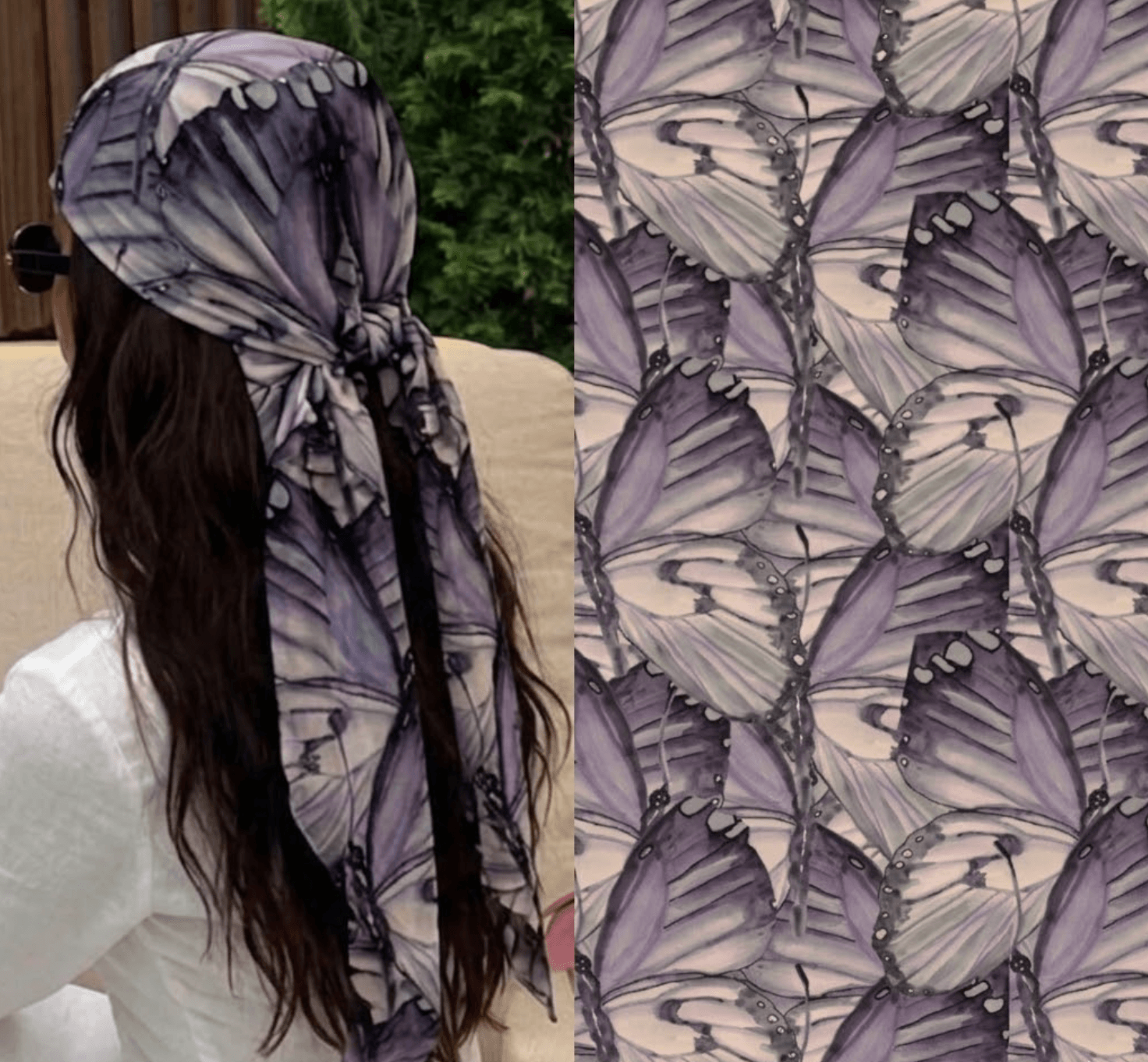 Person with long dark hair wearing a butterfly-patterned headscarf, standing next to a large butterfly-patterned fabric or wall display.