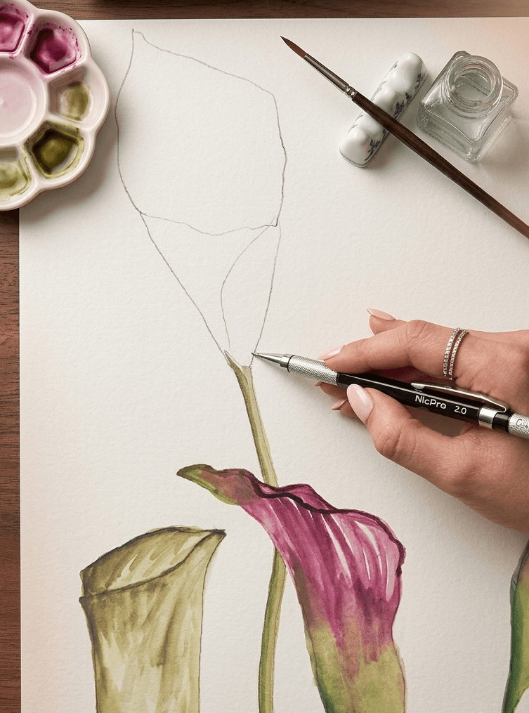 Person sketches a flower with watercolor paints and brushes on paper, with watercolor palette and jars nearby.