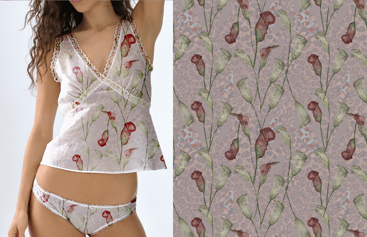 Close-up of fabric with pink flowers and green stems on a light background, with a woman wearing a matching top and bottom.