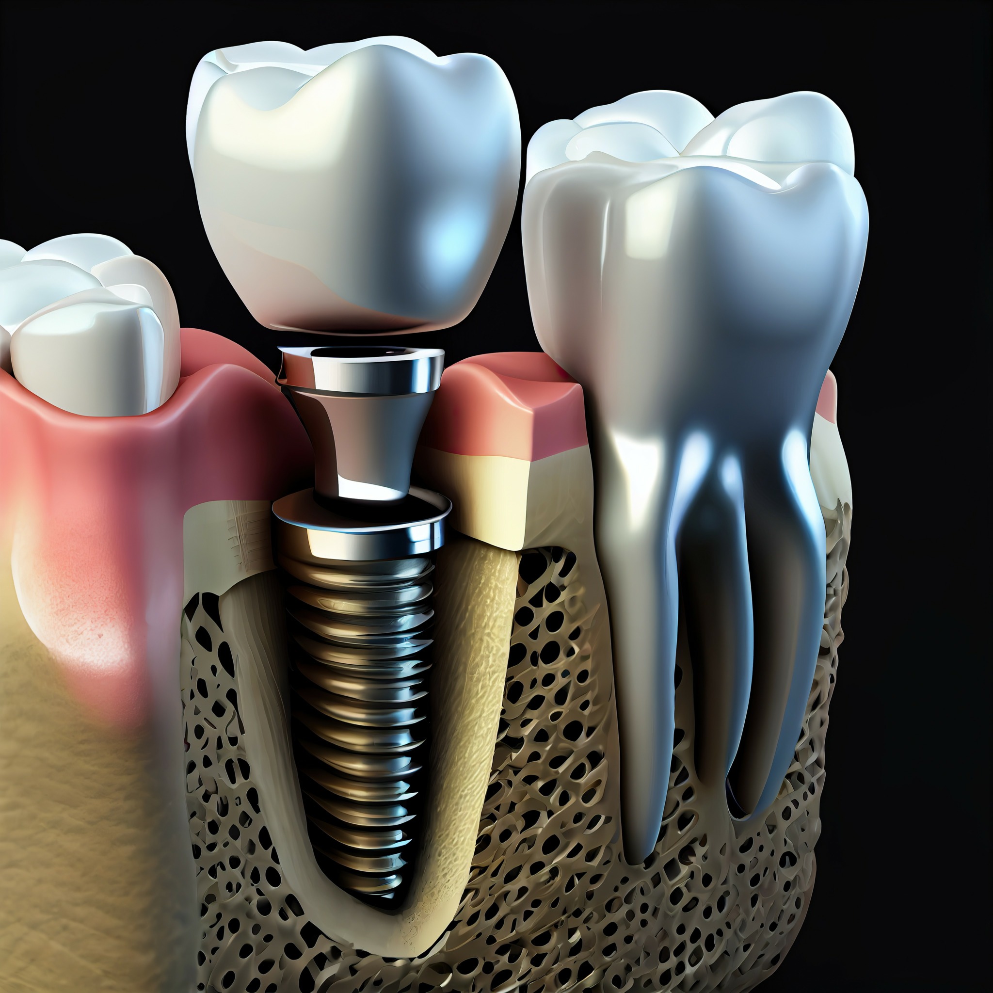 Close-up of dental implants and natural teeth with surrounding gum and bone tissue, showing dental restoration procedures.