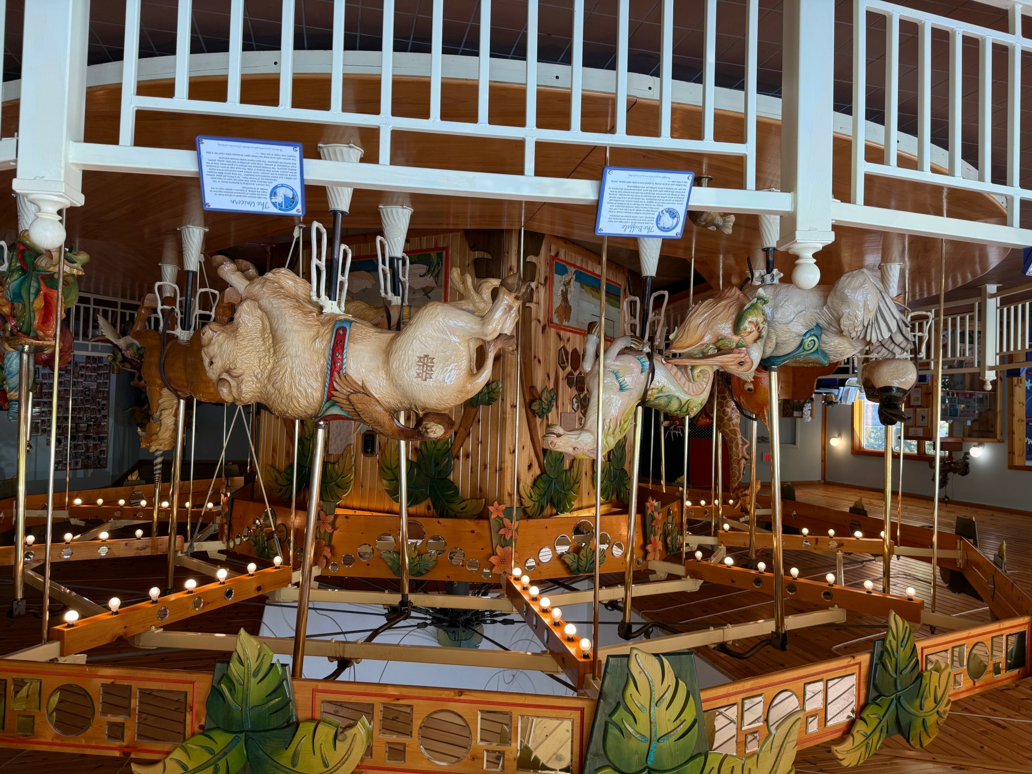 Carousel with animal figures and decorative lights inside a building, with signs above the animals.