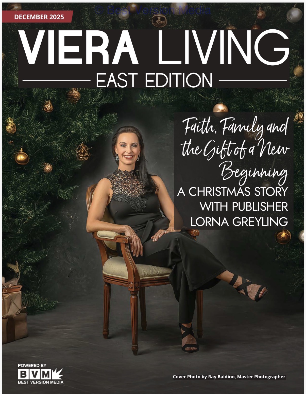 Woman sitting on a chair in front of a decorated Christmas tree, smiling, with text about faith, family, and Christmas story.