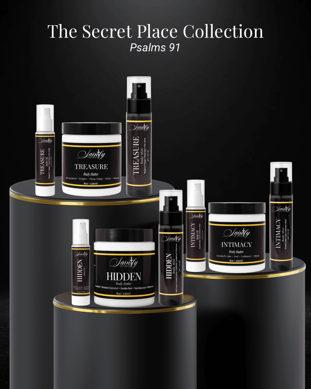 Collection of skincare products on black and gold display with text 'The Secret Place Collection Psalms 91'.