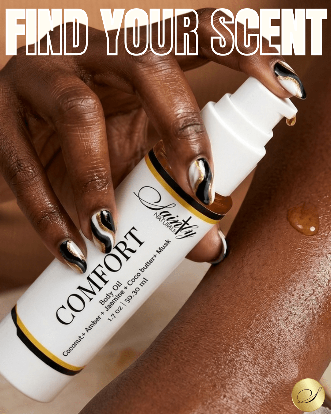 Close-up of a hand with painted nails applying lotion to skin, with text 'FIND YOUR SCENT' and a lotion bottle labeled 'COMFORT'.
