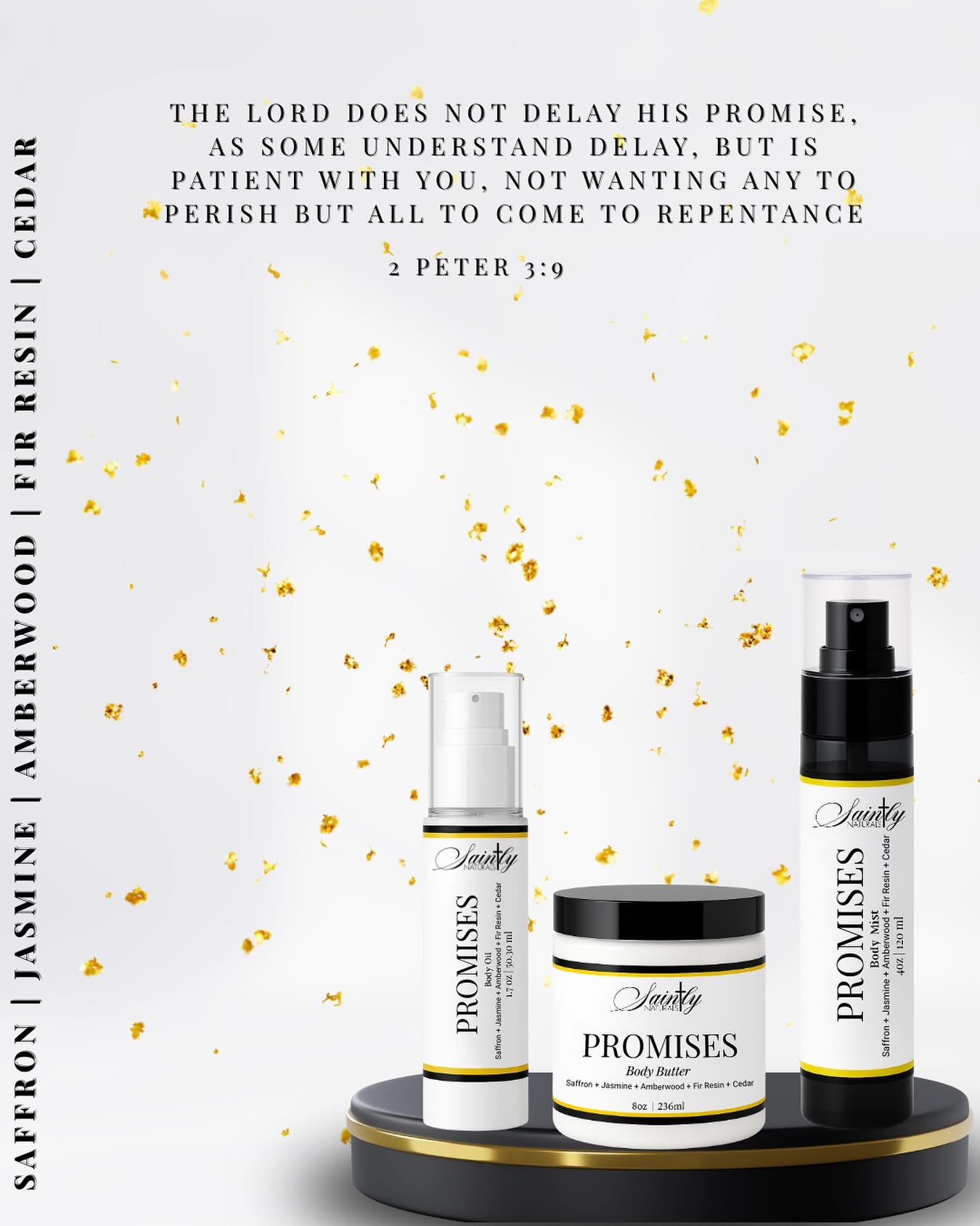 Three skincare products on a black and gold platform with gold splatters background, text about promises and faith, and a Bible verse.