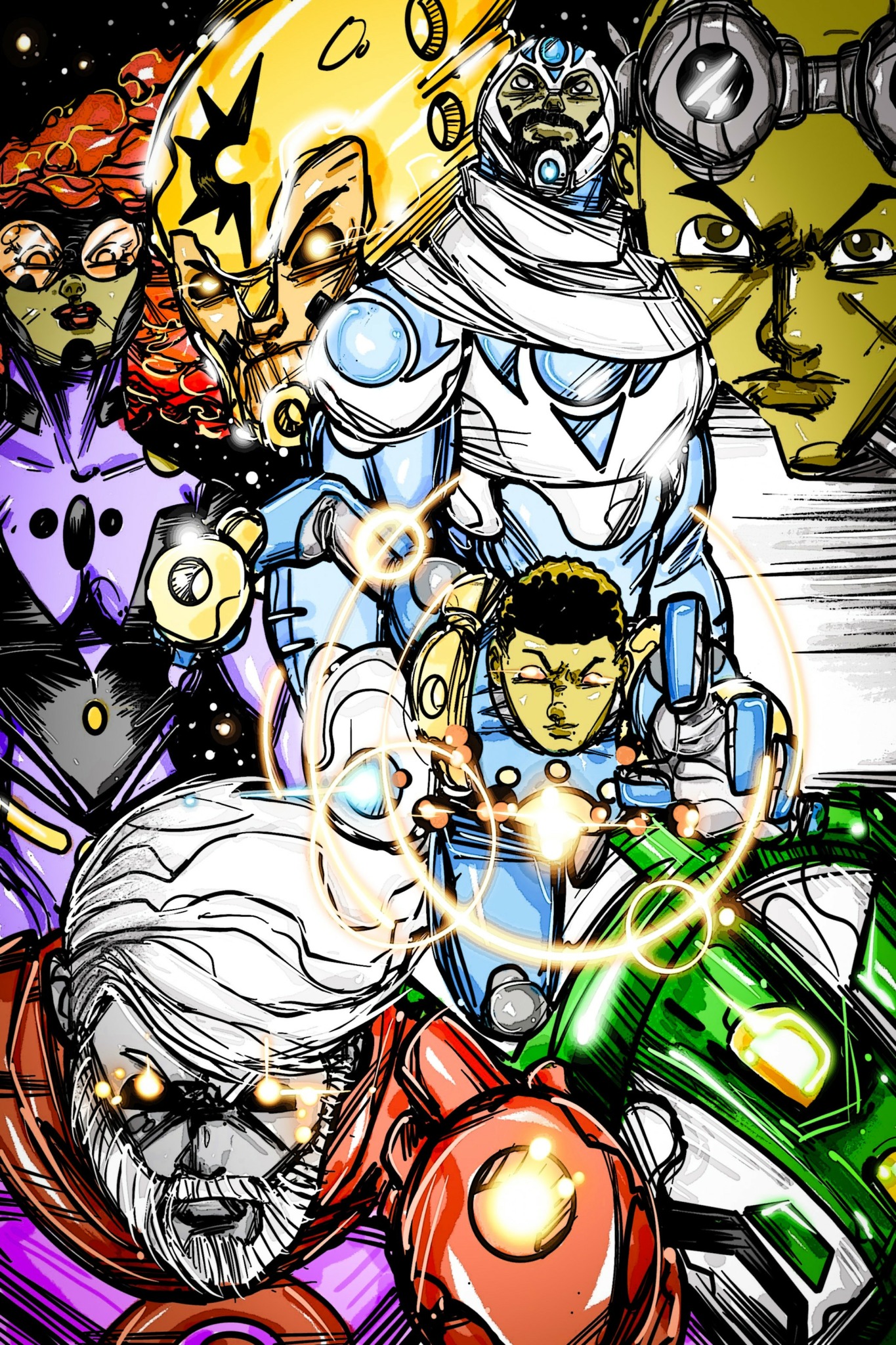 Group of diverse characters with futuristic and robotic elements, some with glowing effects, in a colorful scene.