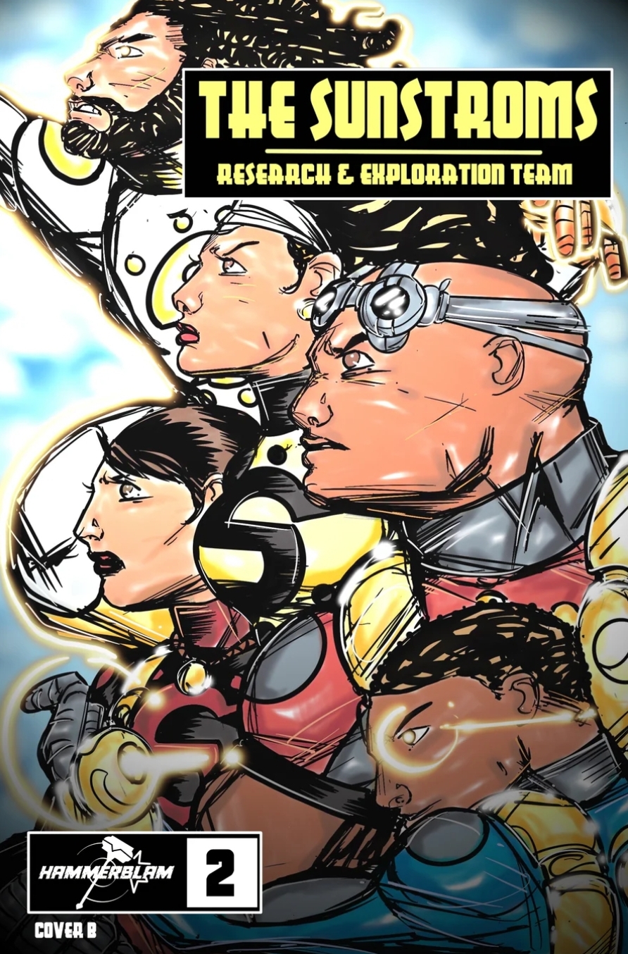 Group of five characters in futuristic costumes, with a woman in the center, set against a bright background.