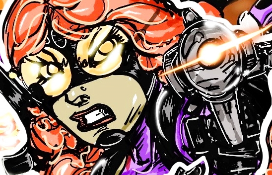 Comic-style illustration of a person with red hair, wearing glasses, holding a gun with a bright flash, intense expression.