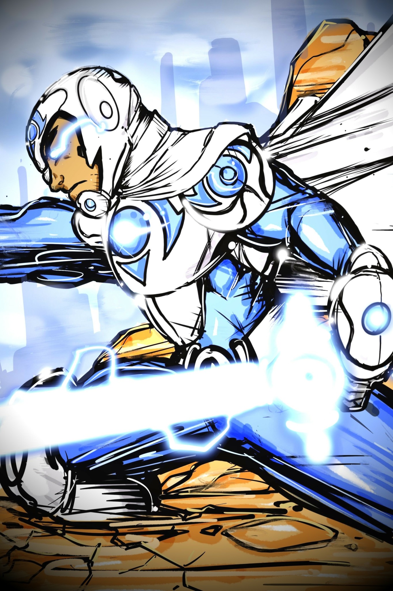Futuristic armored person with glowing blue accents crouches on a rocky surface, with a cityscape in the background.