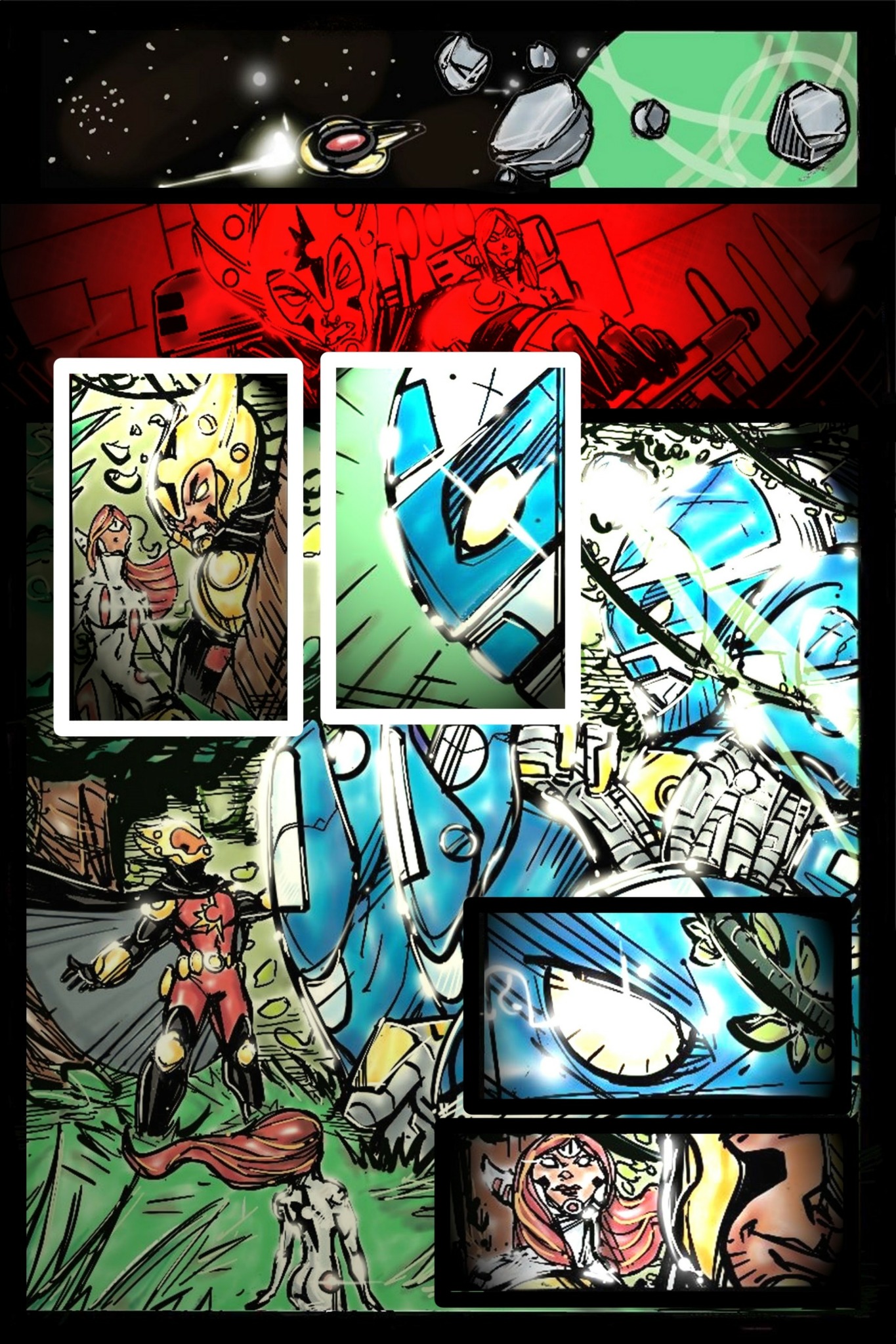 Comic book style space scene with planets, stars, and characters in colorful panels.