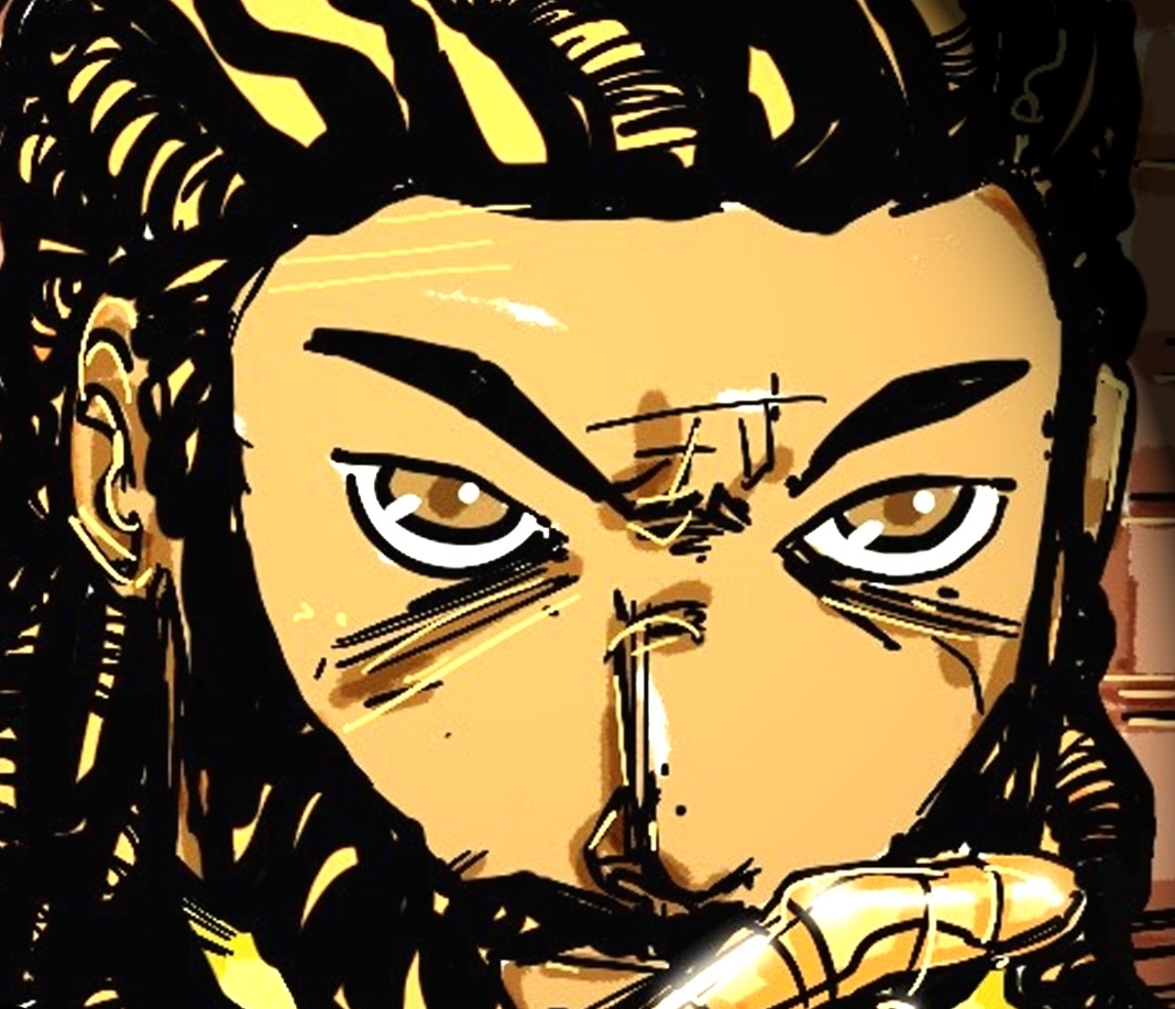 Close-up of a person's face with intense eyes, dark eyebrows, and a hand near the mouth, in a stylized illustration.