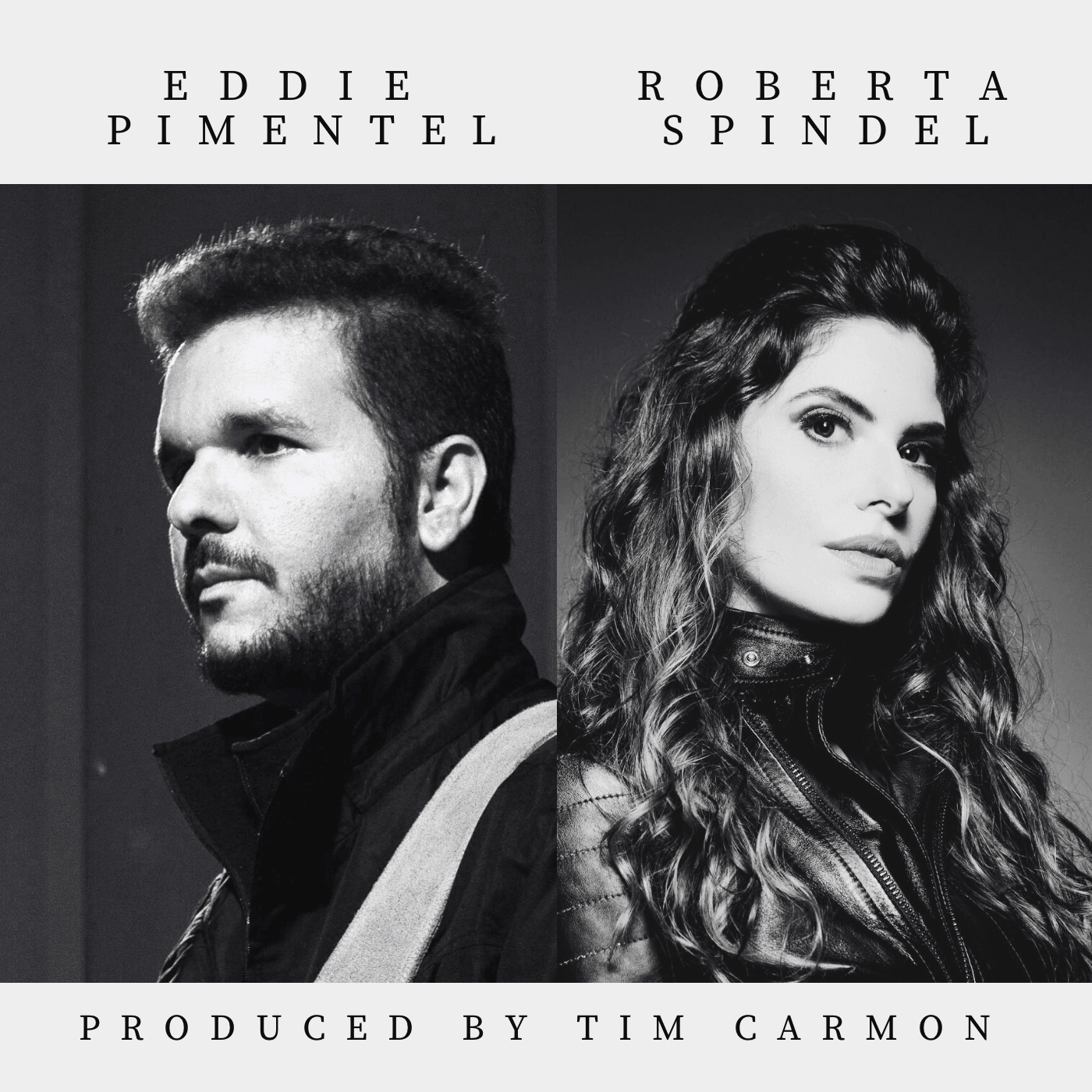 Black and white photo of a man and woman, with names above and producer below, facing slightly different directions.