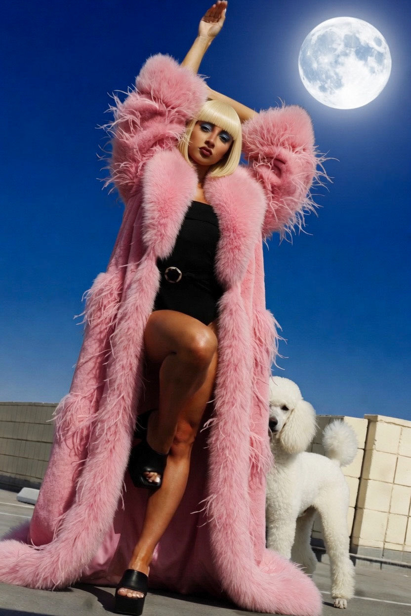 Person with pink fluffy coat and blonde hair poses outdoors under a full moon, with a white dog nearby.