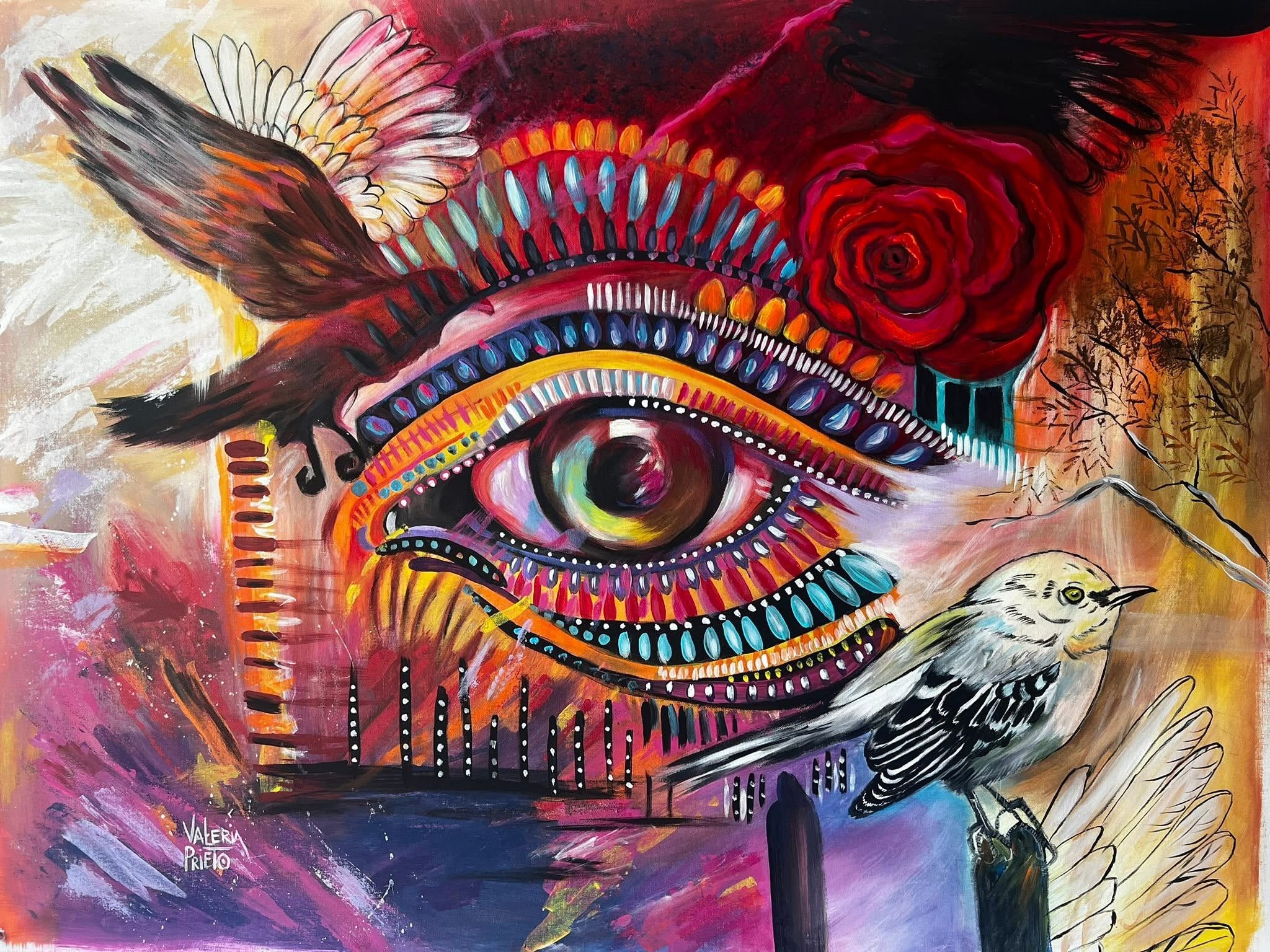 A colorful painting features a large eye with vibrant patterns, a hummingbird, a rose, and a bird in flight, with abstract background.