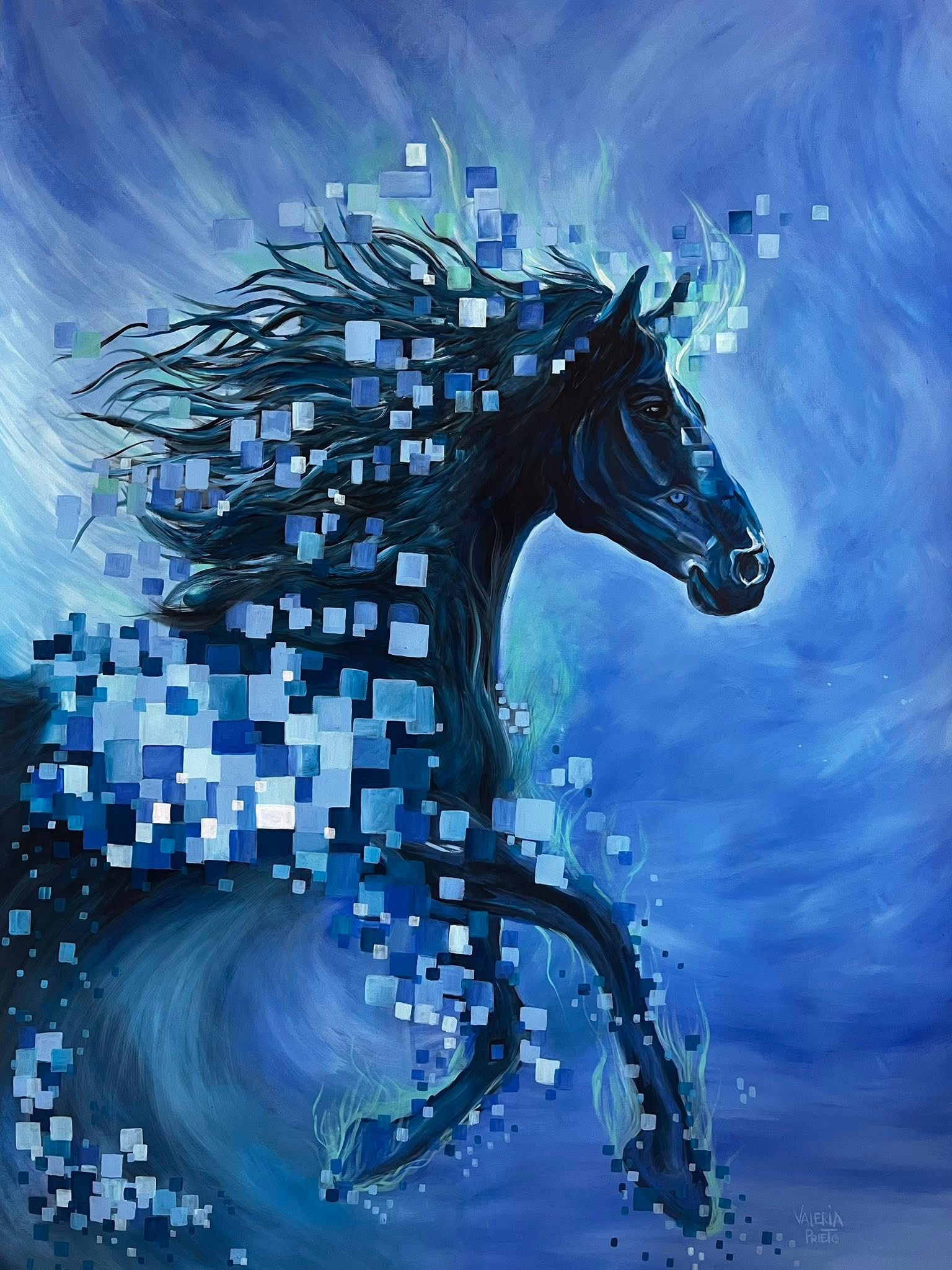 A digital painting of a horse with pixelated effects, set against a blue background.