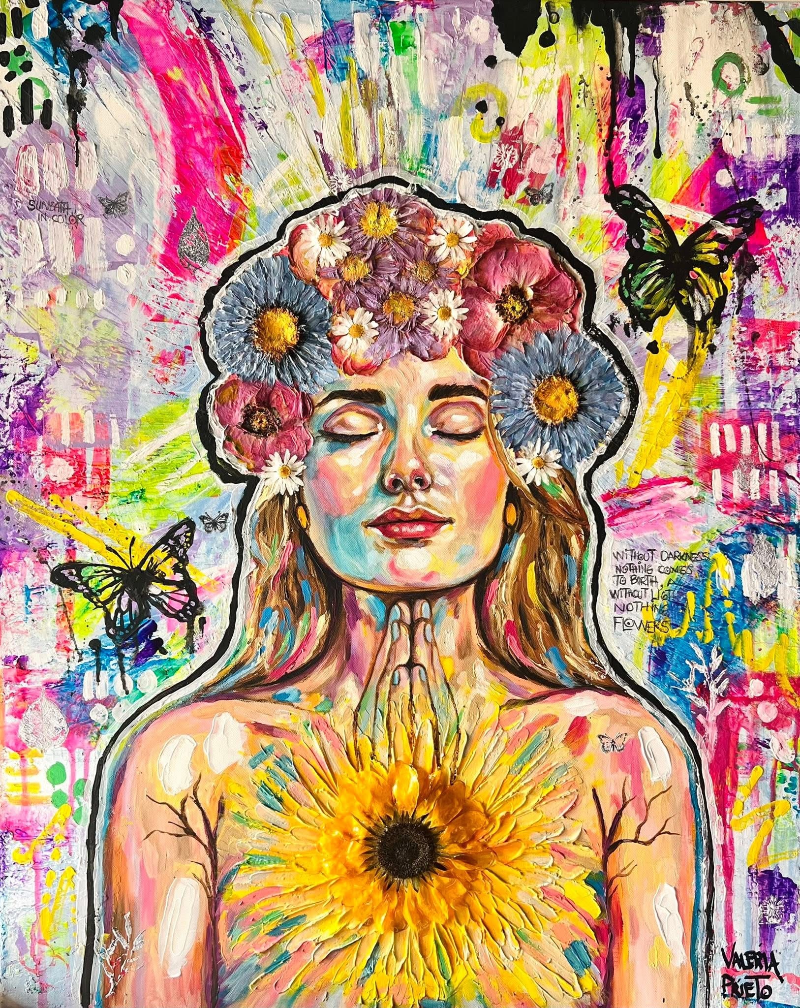 A woman with closed eyes, floral crown, and sunflower on chest, surrounded by colorful abstract background and butterflies.