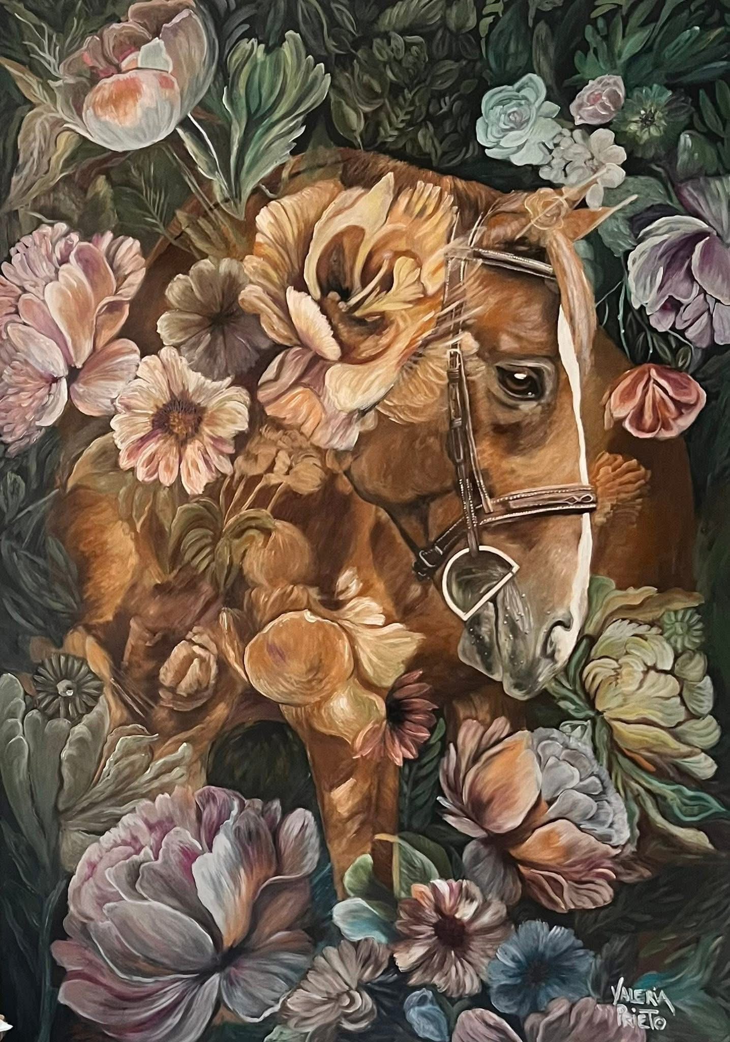 A horse's head surrounded by large, colorful flowers and lush greenery, with detailed features and a bridle.