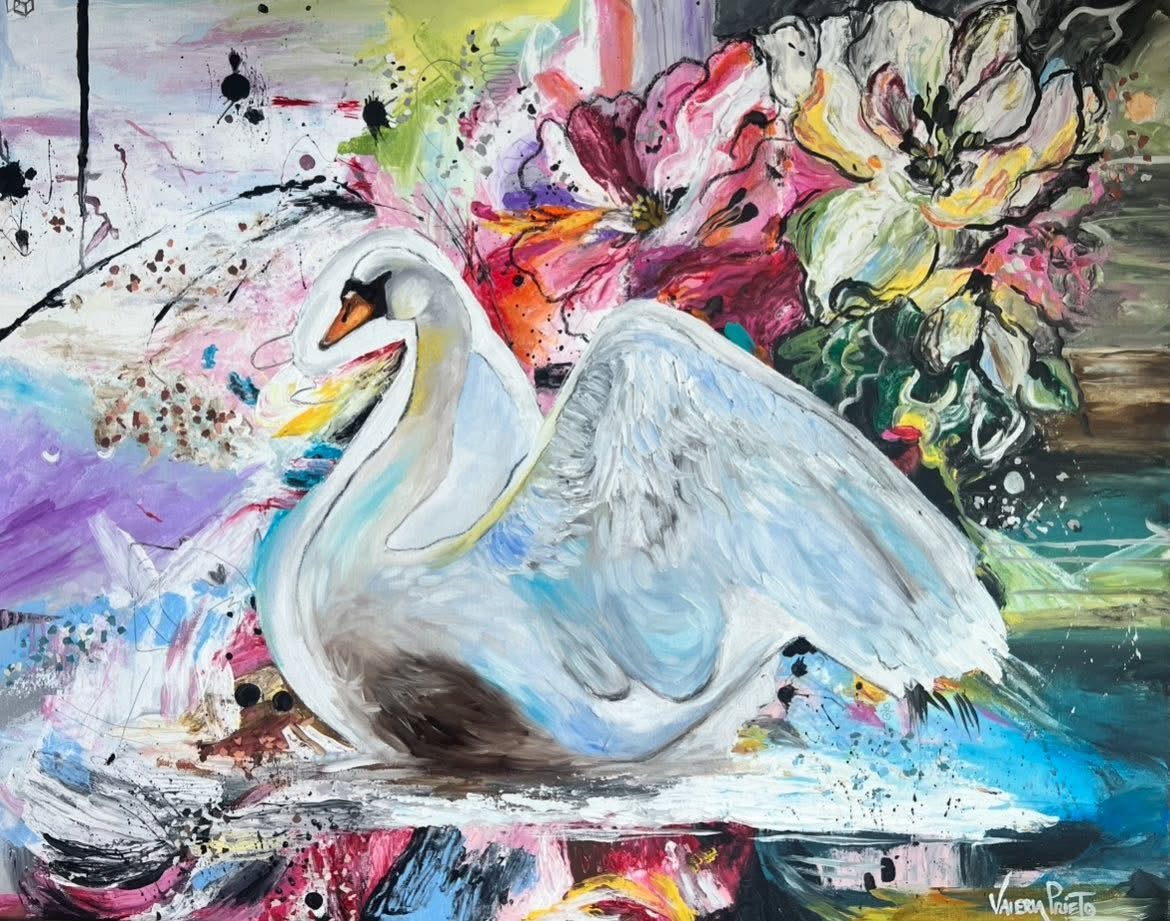 A white swan with a yellow beak floats on water surrounded by colorful abstract flowers and splashes.