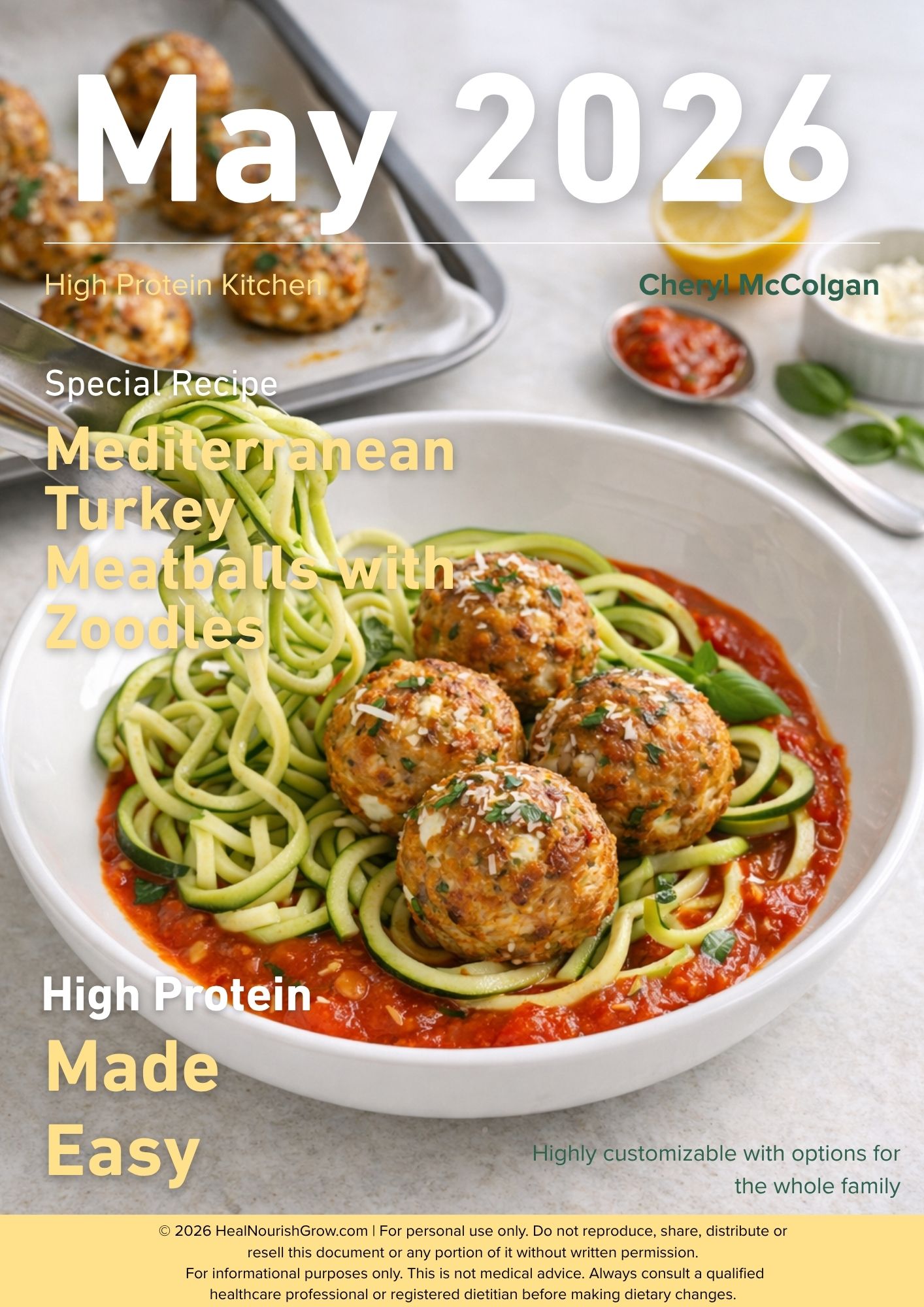 Bowl of spaghetti with meatballs, tomato sauce, and herbs, with text overlay about May 2026 and recipes.