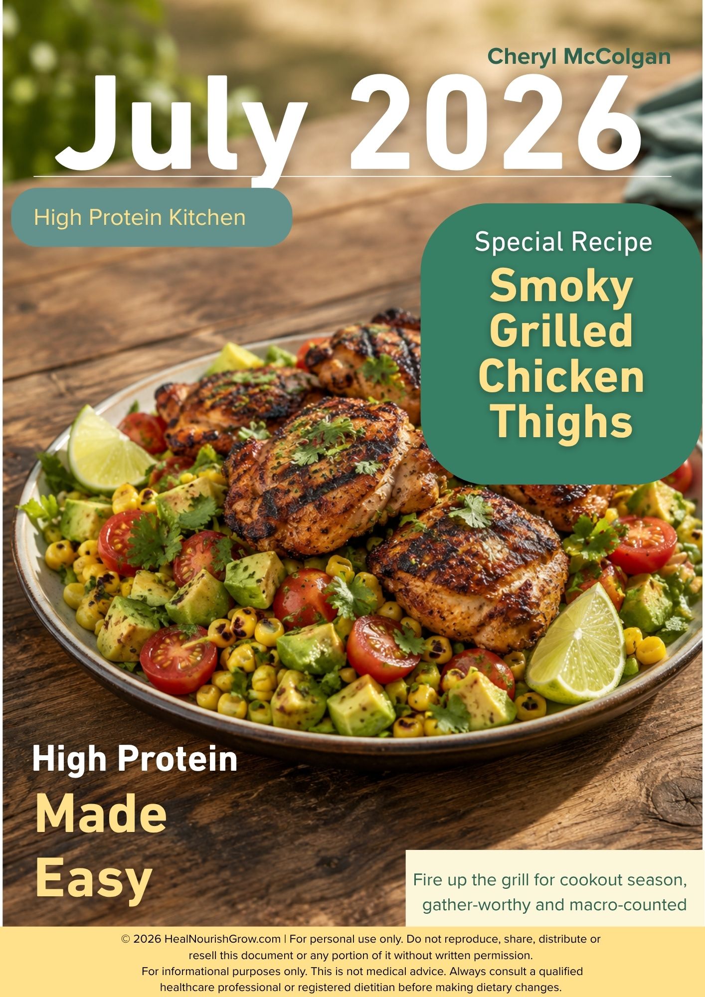Plate of grilled chicken thighs with vegetables and lime wedges on a wooden surface.