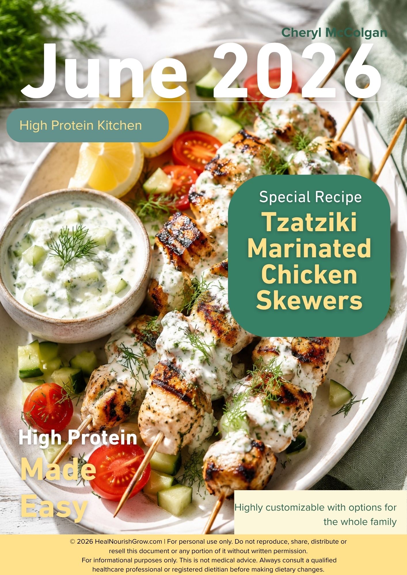 Cover of June 2026 magazine featuring marinated chicken skewers, a bowl of sauce, and fresh vegetables, with text about recipes and nutrition.
