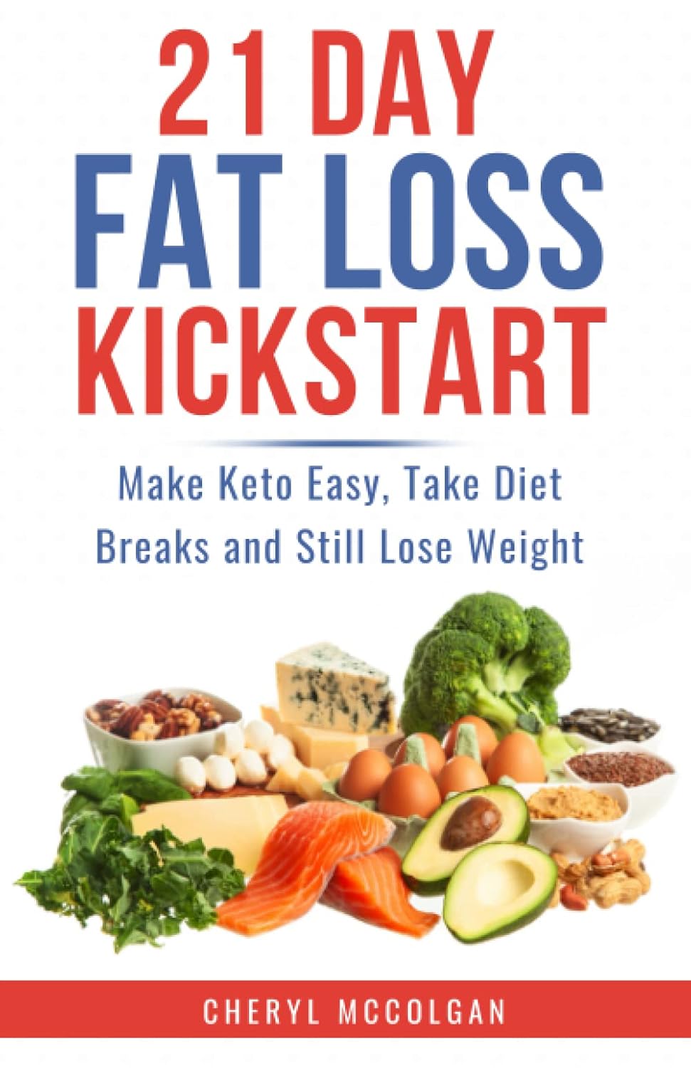 Book cover titled '21 Day Fat Loss Kickstart' with images of healthy foods like broccoli, eggs, avocado, and nuts.