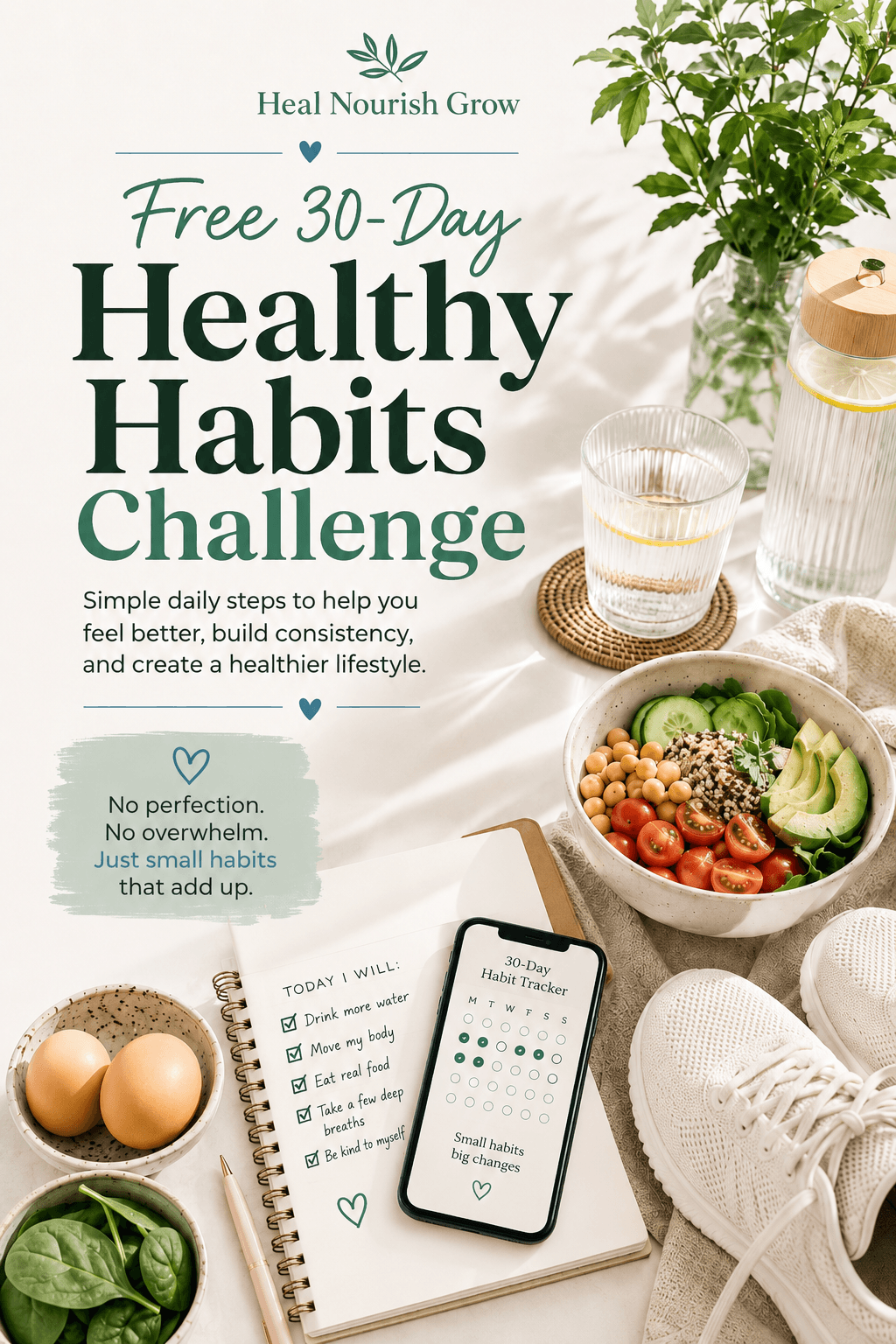 Flat lay of a plant, glass of water, bowl of salad, eggs, and a smartphone with a checklist, on a white surface.