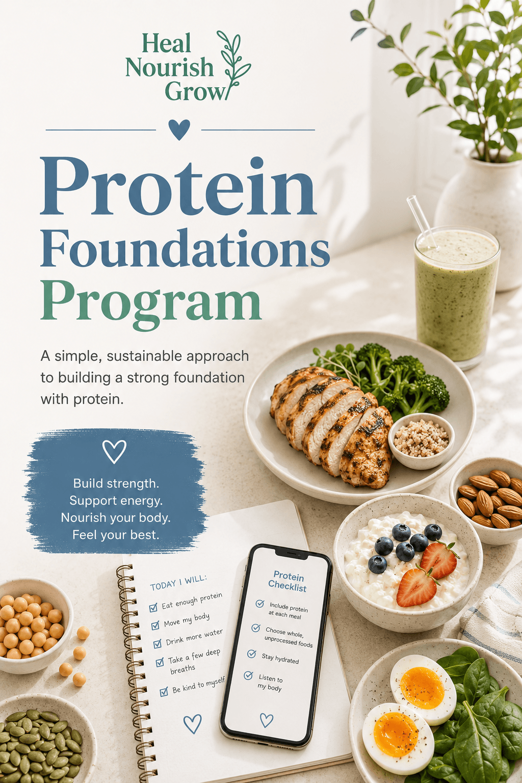 Book cover titled 'Protein Foundations Program' with a plant, smoothie, and healthy food on a table.
