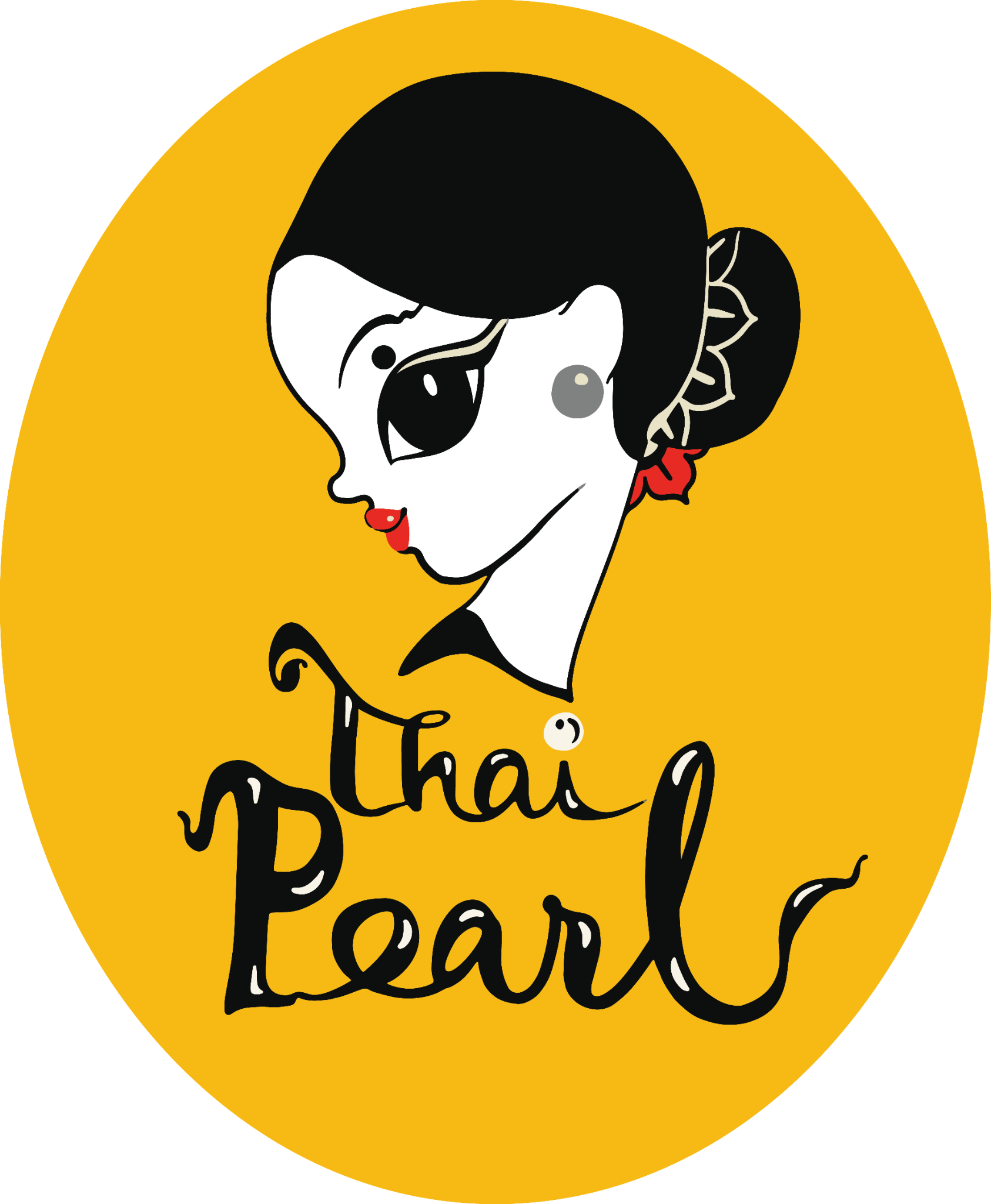 A stylized illustration of a woman with black hair and red lips inside a yellow oval, with the text 'Thai Pearl'.