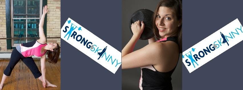 Woman holding a black ball, smiling, in a black top, with text and a woman doing yoga in a room.