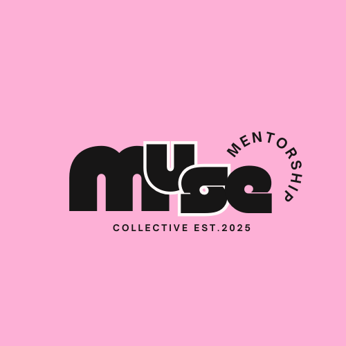 Logo with black and white text on pink background, includes words 'MENTORSHIP', 'COLLECTIVE EST. 2025', and stylized letters.