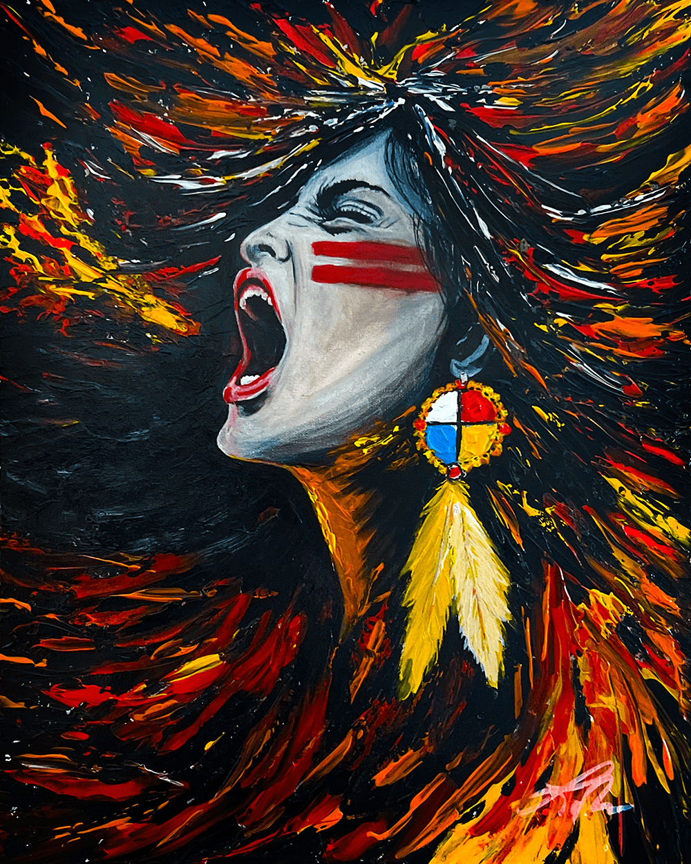 A woman with painted face and red stripes on her cheek, screaming with fiery colors in the background and feathers on her shoulder.