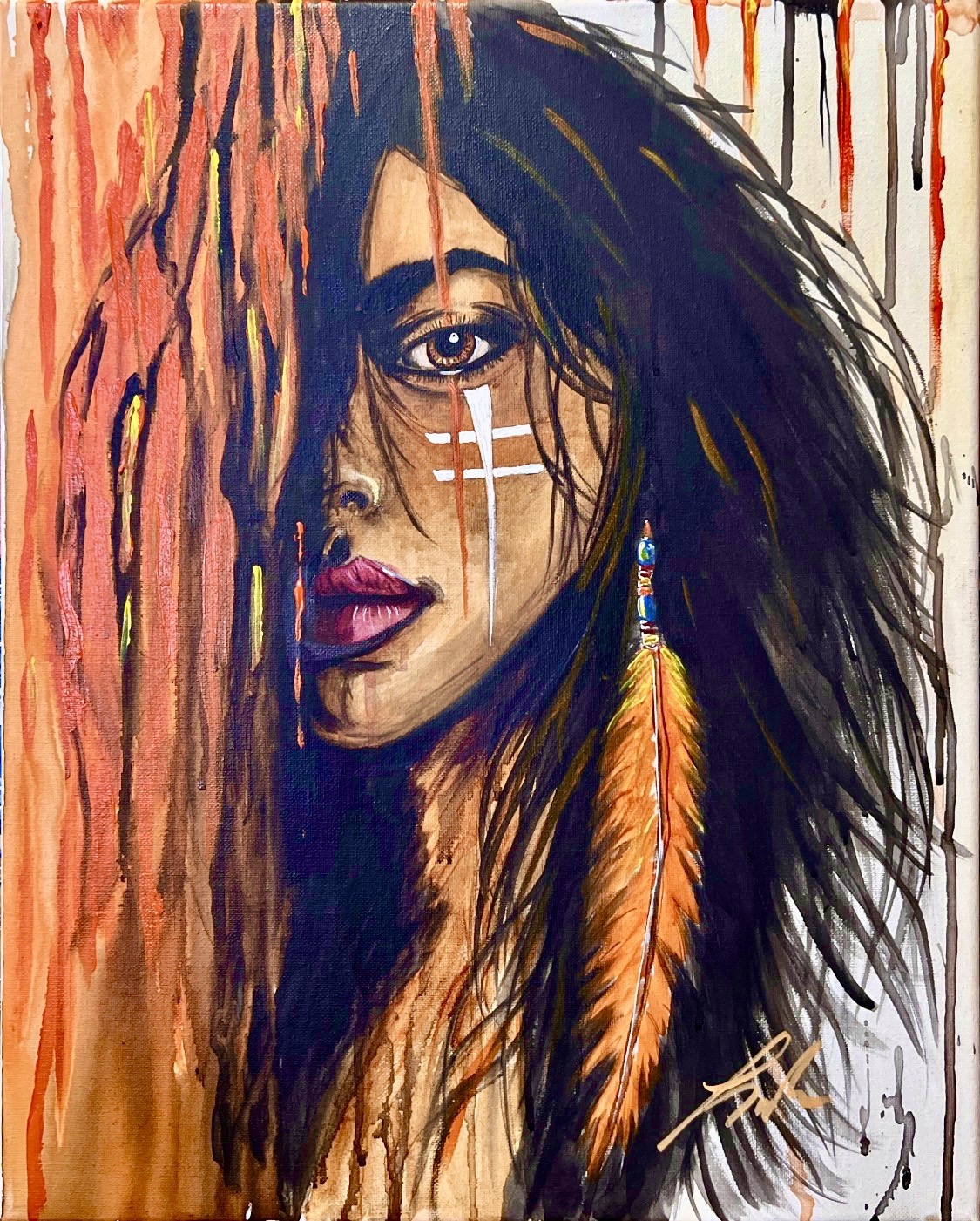 Portrait of a woman with long dark hair, colorful face paint, and a feather earring, with paint drips in the background.