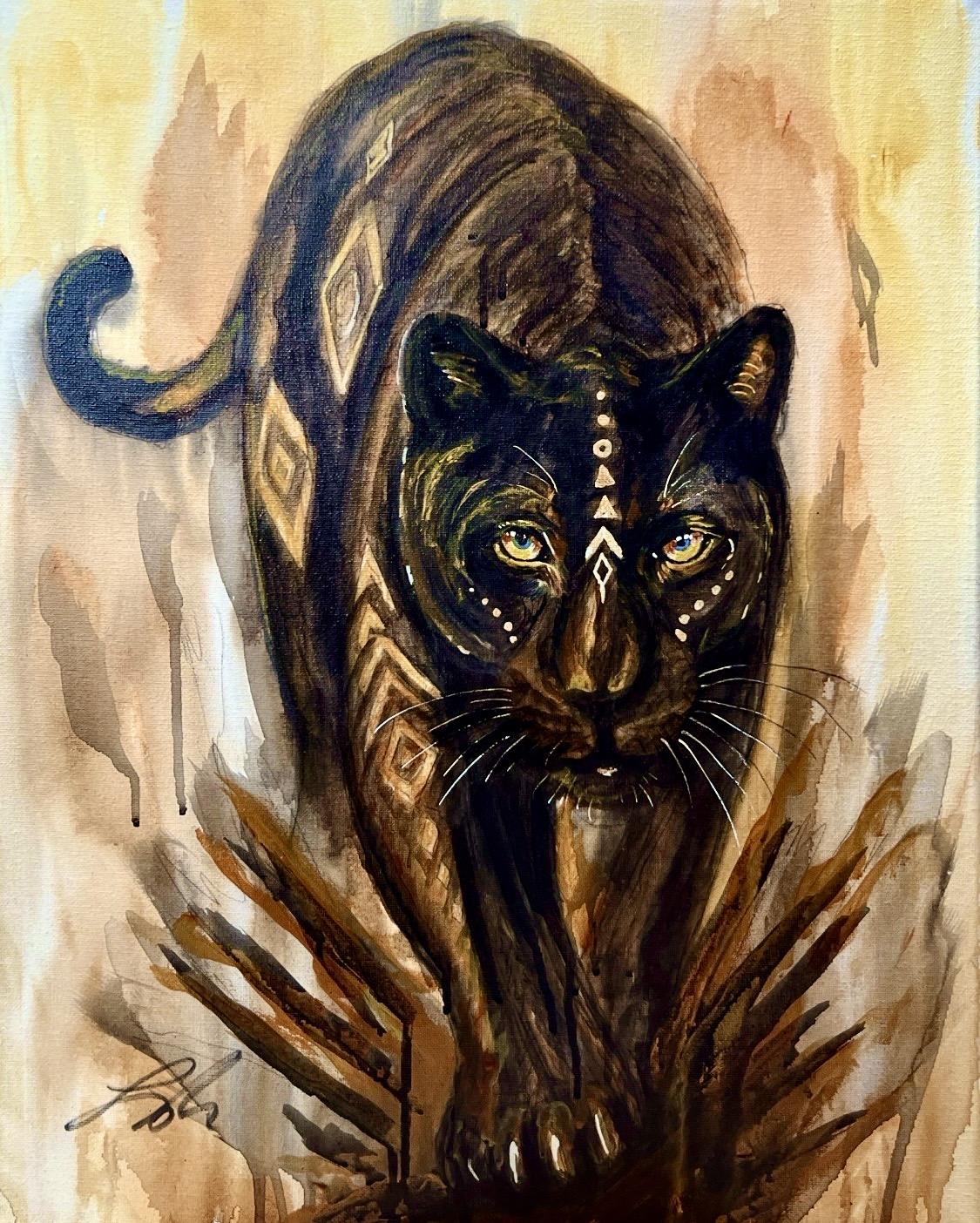 A black panther with glowing eyes and intricate white and gold markings on its face and body, crouching forward.
