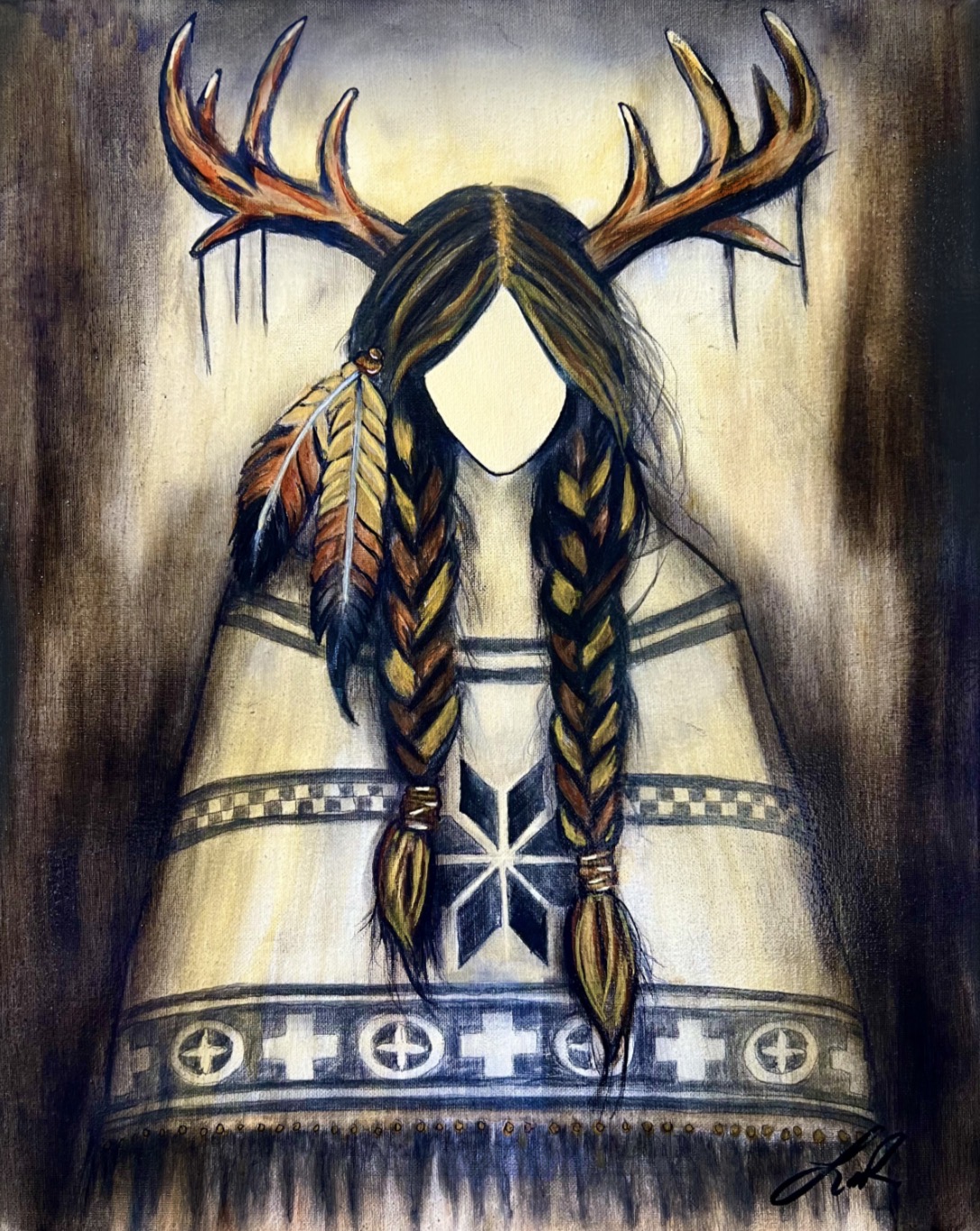 A stylized illustration of a faceless person with long braided hair, wearing a headdress with antlers, and a patterned garment.