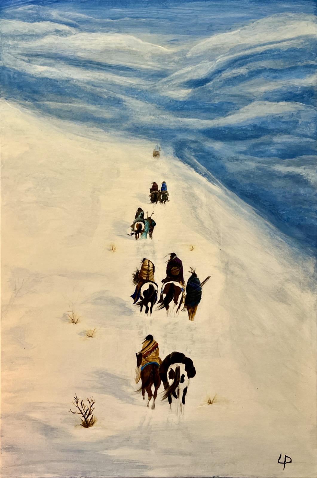 Group of people riding horses on snowy landscape near water, with cloudy sky above.