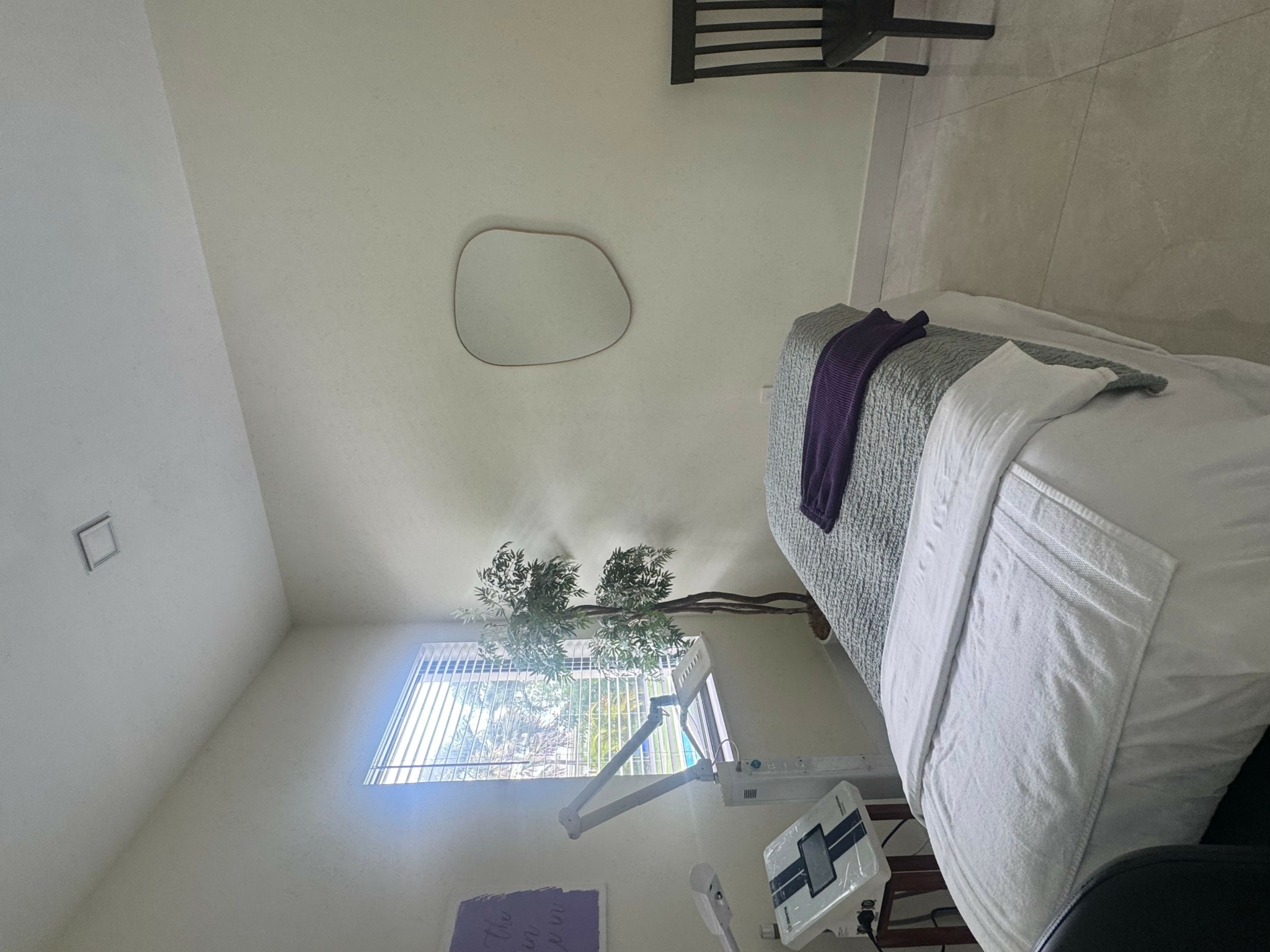 Hospital room with bed, window, and a plant near the window, viewed from the side.