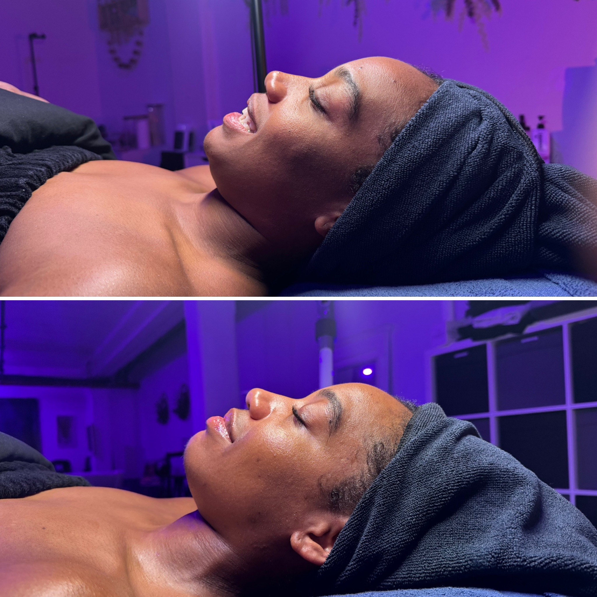 Woman lying with eyes closed, head wrapped in a towel, in a dimly lit room with purple lighting.