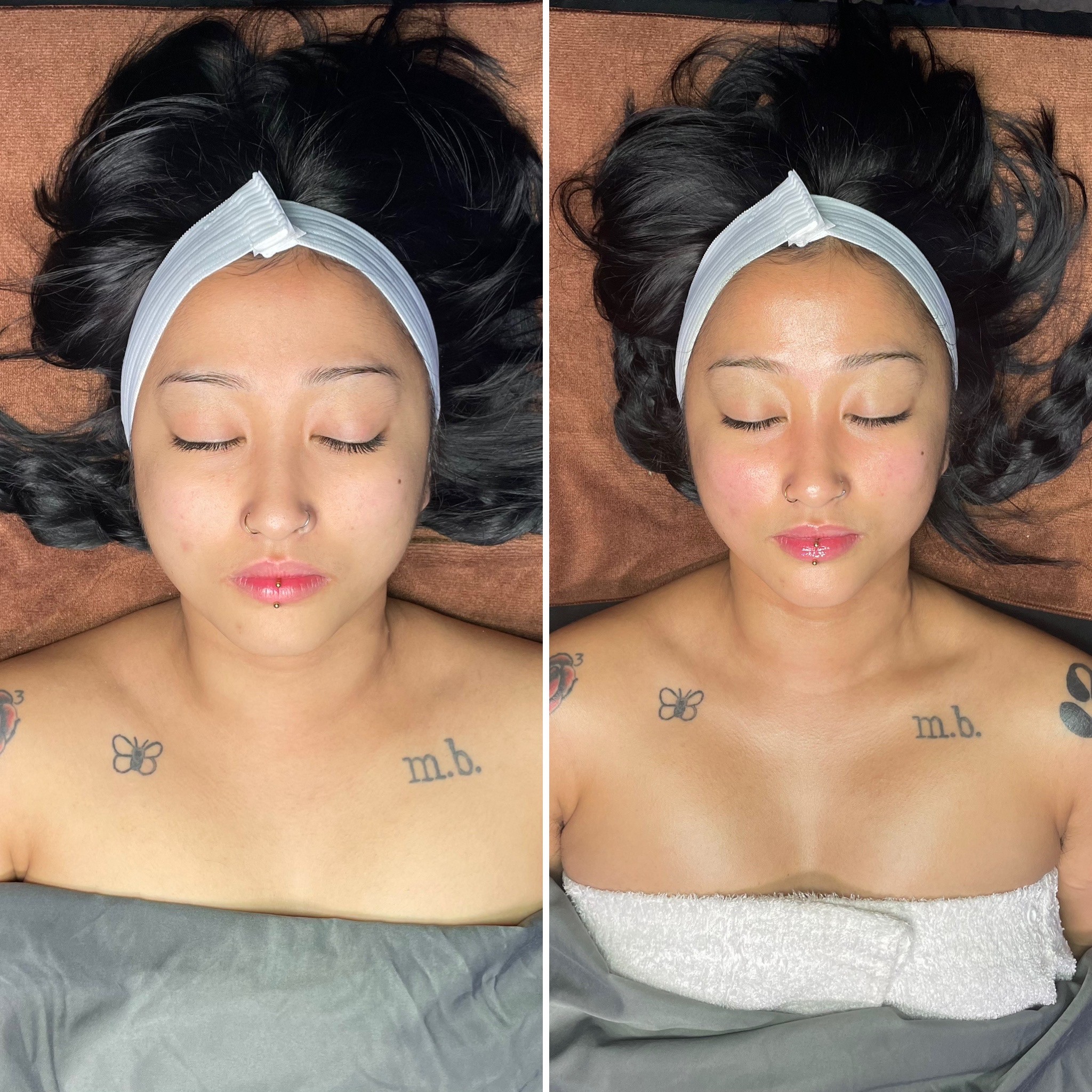 Side-by-side images of a woman with dark hair and a white headband, lying down with eyes closed, showing before and after skincare.