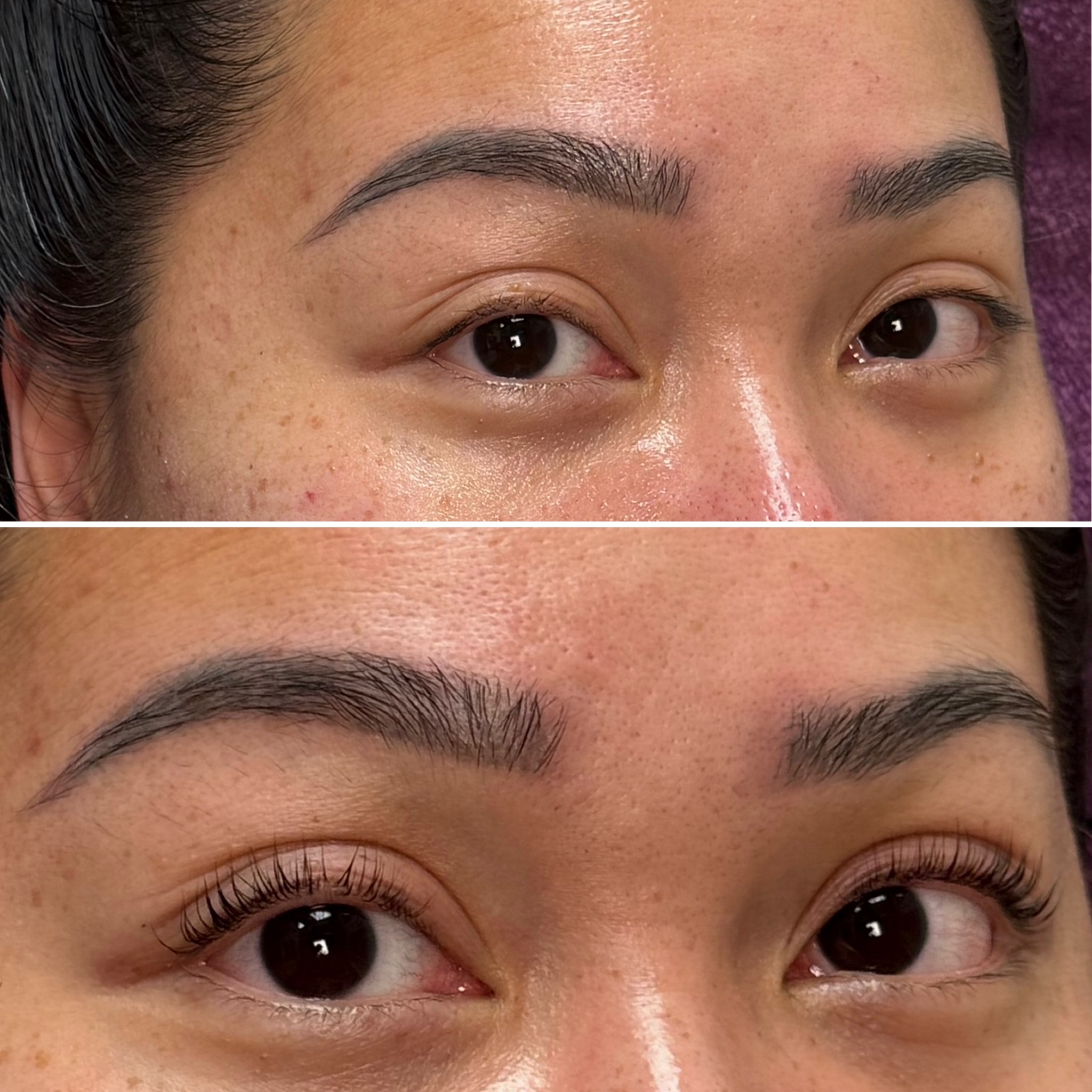 Close-up of a woman's face showing before and after eyebrow enhancement, with clear skin and natural eye expression.