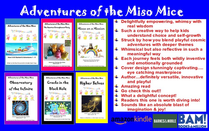 Book covers and a list of features for 'Adventures of the Miso Mice' with colorful text and images, blue background.