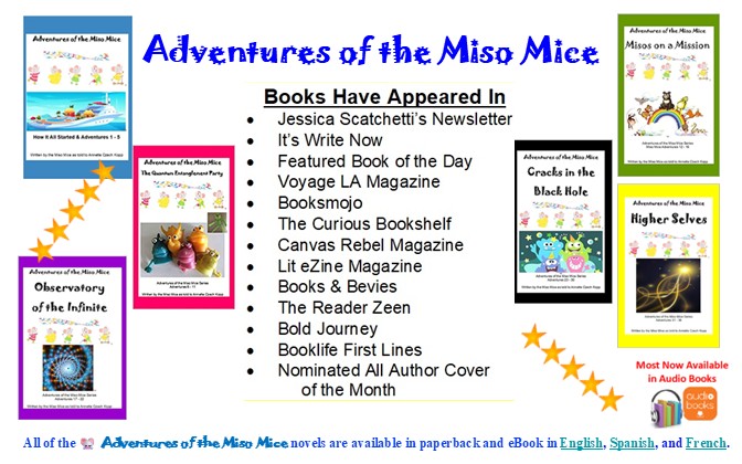 Newsletter listing books featuring Miso Mice, with colorful book covers and stars, titled 'Adventures of the Miso Mice'.