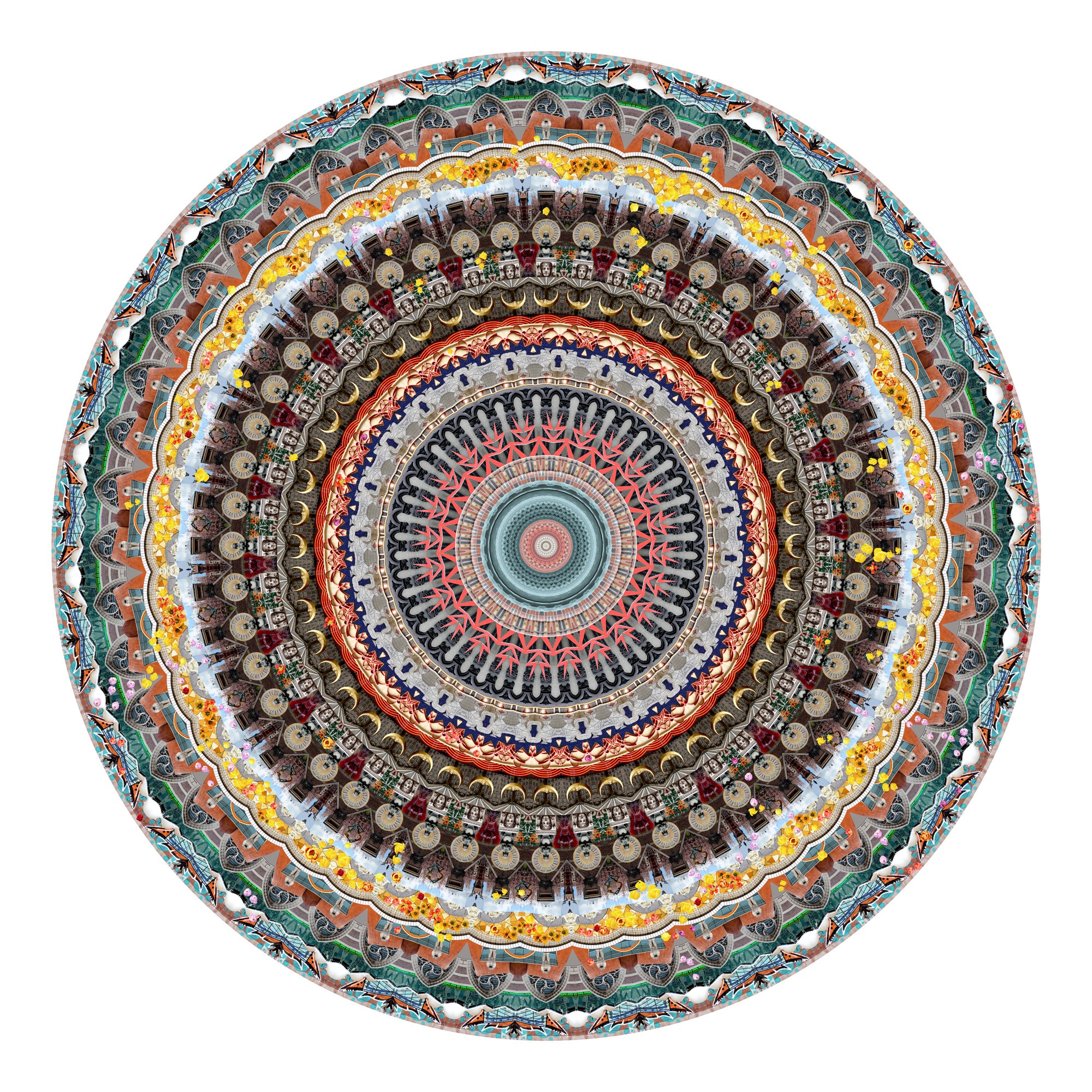 Colorful, intricate mandala with concentric circles and detailed patterns, symmetrical design, vibrant colors, and a central focal point.